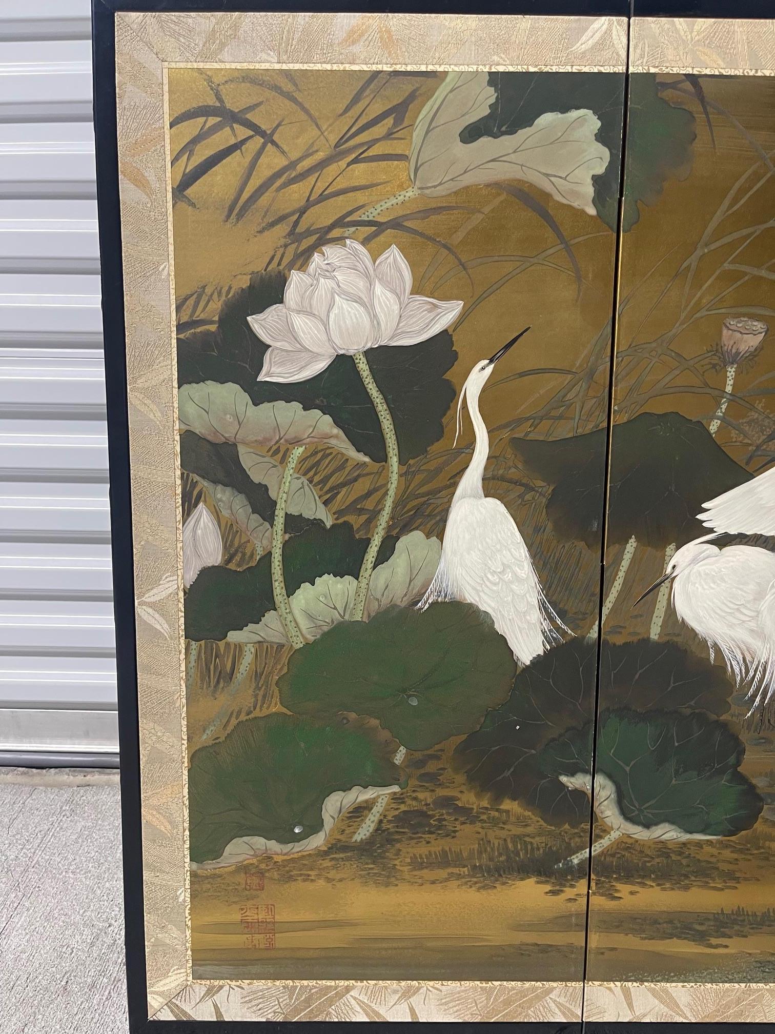 Four-panel Japanese Byobu Folding Screen depicts a scene of Egrets, 20th Century In Good Condition For Sale In Savannah, GA