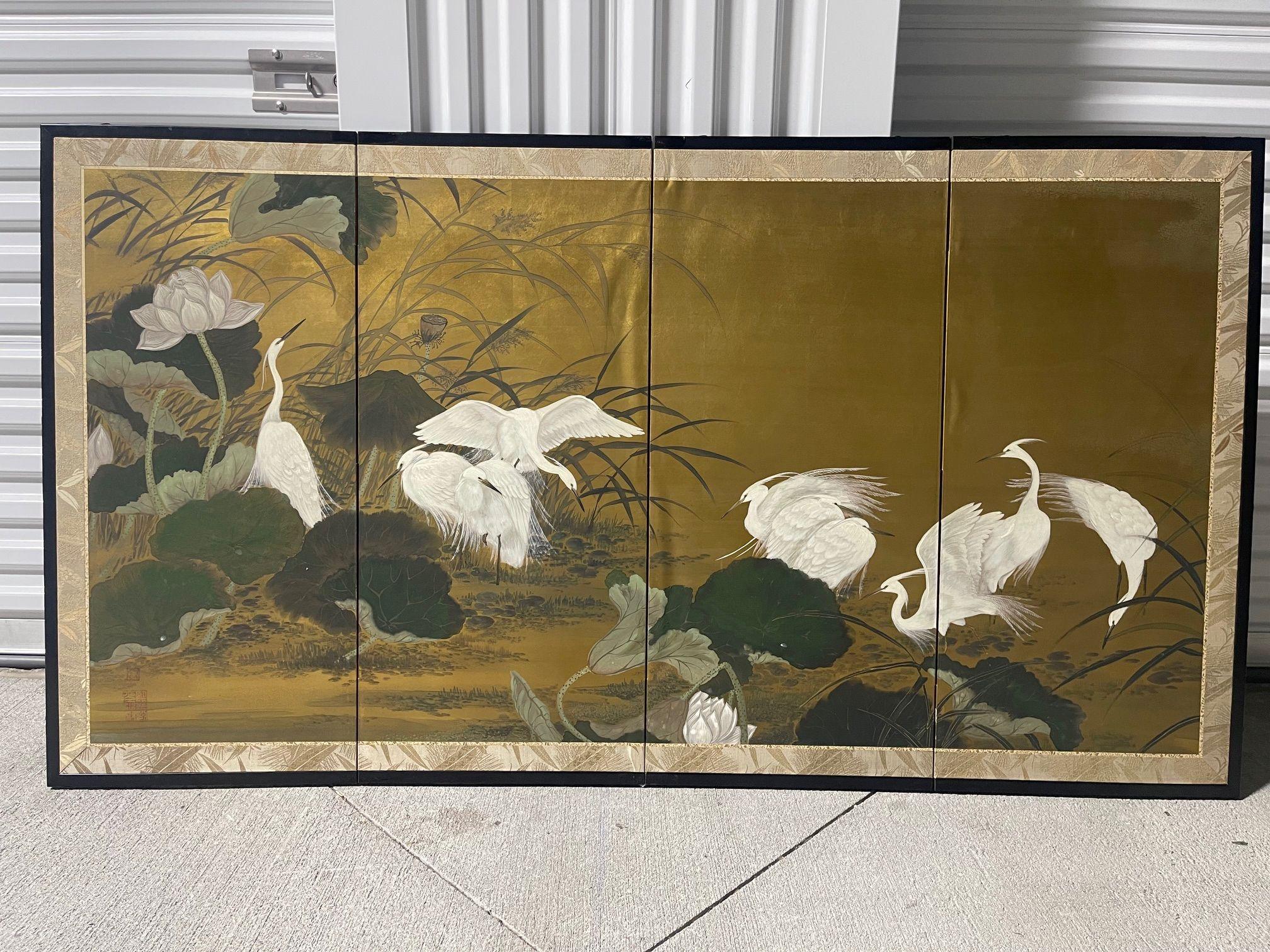 Vierteiliger japanischer Byobu-Paravent mit klappbarem Byobu-Raumteiler mit einer Szene von Egrets, 20. Jahrhundert im Angebot 1