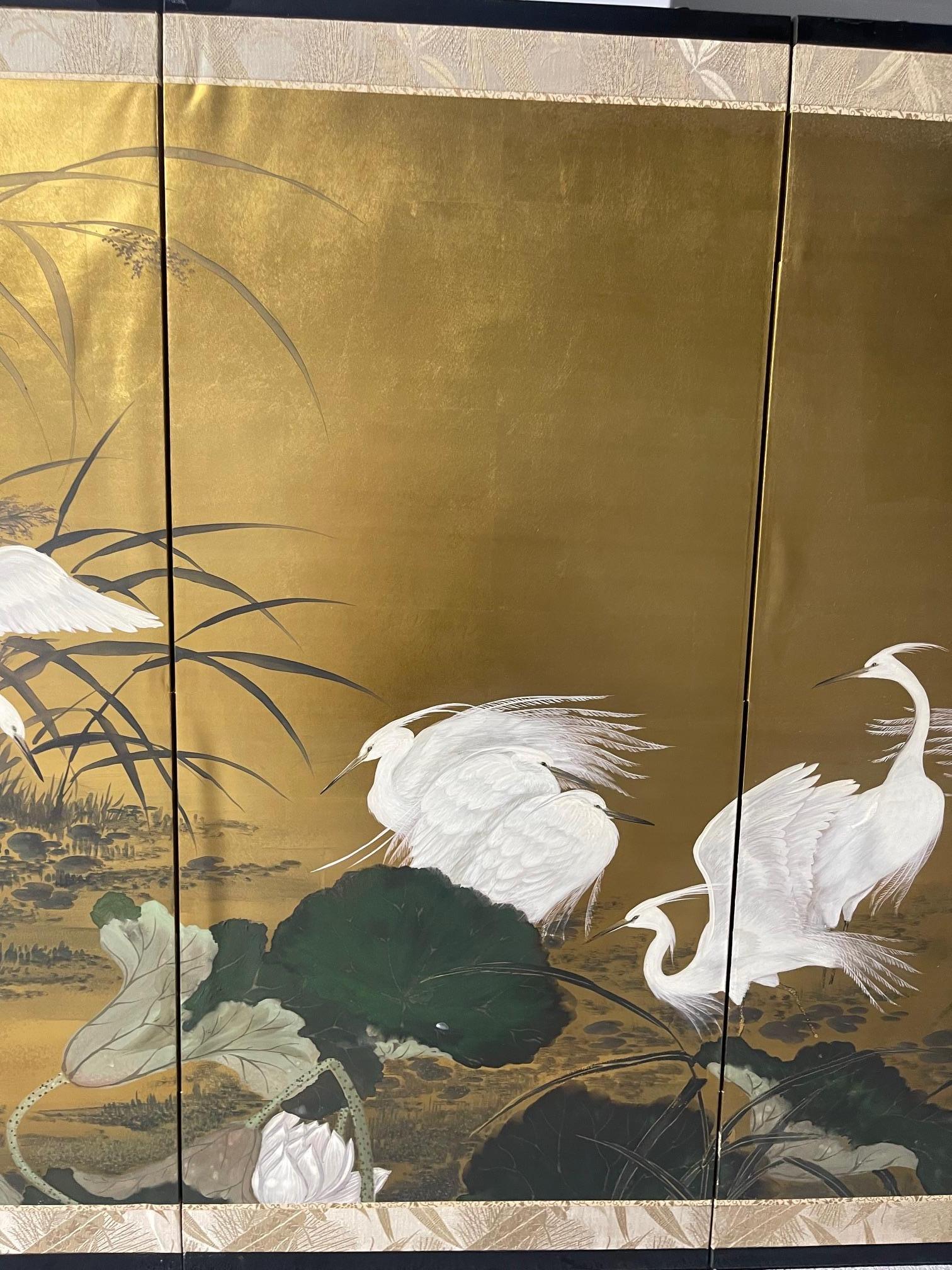 Four-panel Japanese Byobu Folding Screen depicts a scene of Egrets, 20th Century For Sale 5