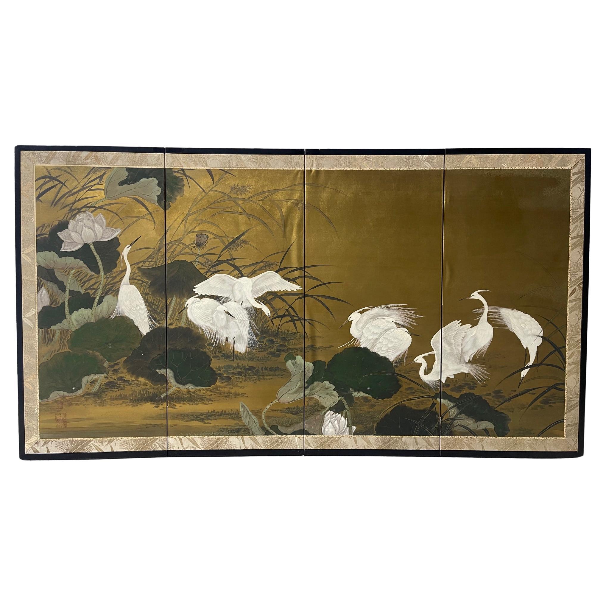 Four-panel Japanese Byobu Folding Screen depicts a scene of Egrets, 20th Century For Sale