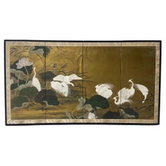 Antique Four-panel Japanese Byobu Folding Screen depicts a scene of Egrets, 20th Century