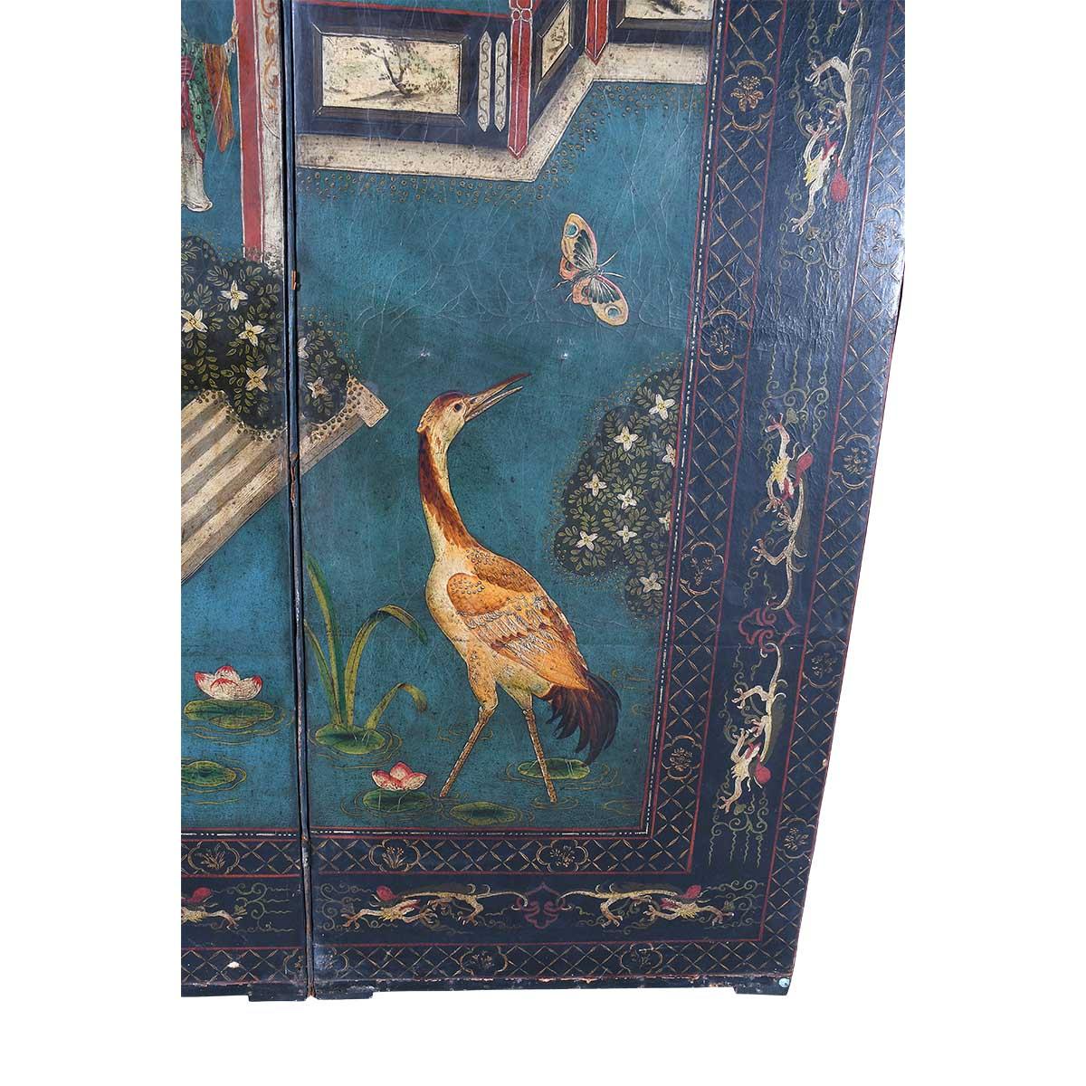 Biombo Chinoiserie de Piel de Cuatro Paneles con Fondo Azul Inglés en venta