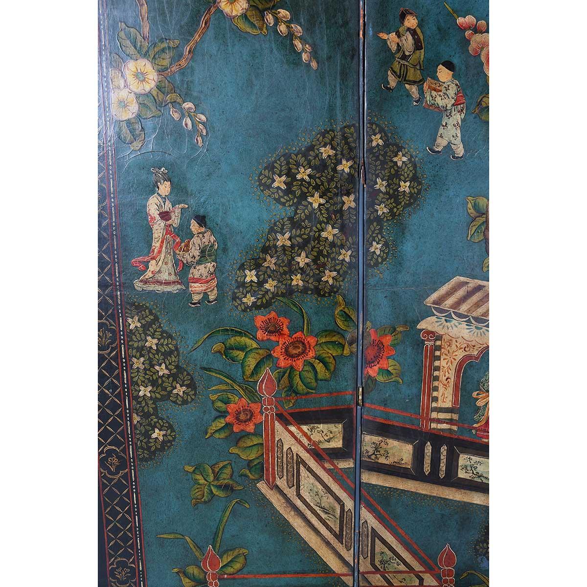 Biombo Chinoiserie de Piel de Cuatro Paneles con Fondo Azul Cuero en venta