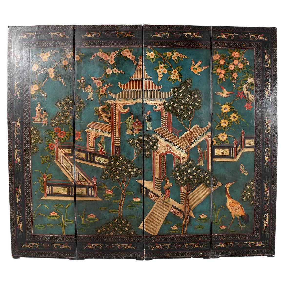 Biombo Chinoiserie de Piel de Cuatro Paneles con Fondo Azul