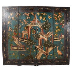 Chinoiserie-Raumteiler aus Leder mit vier Tafeln und blauem Grund