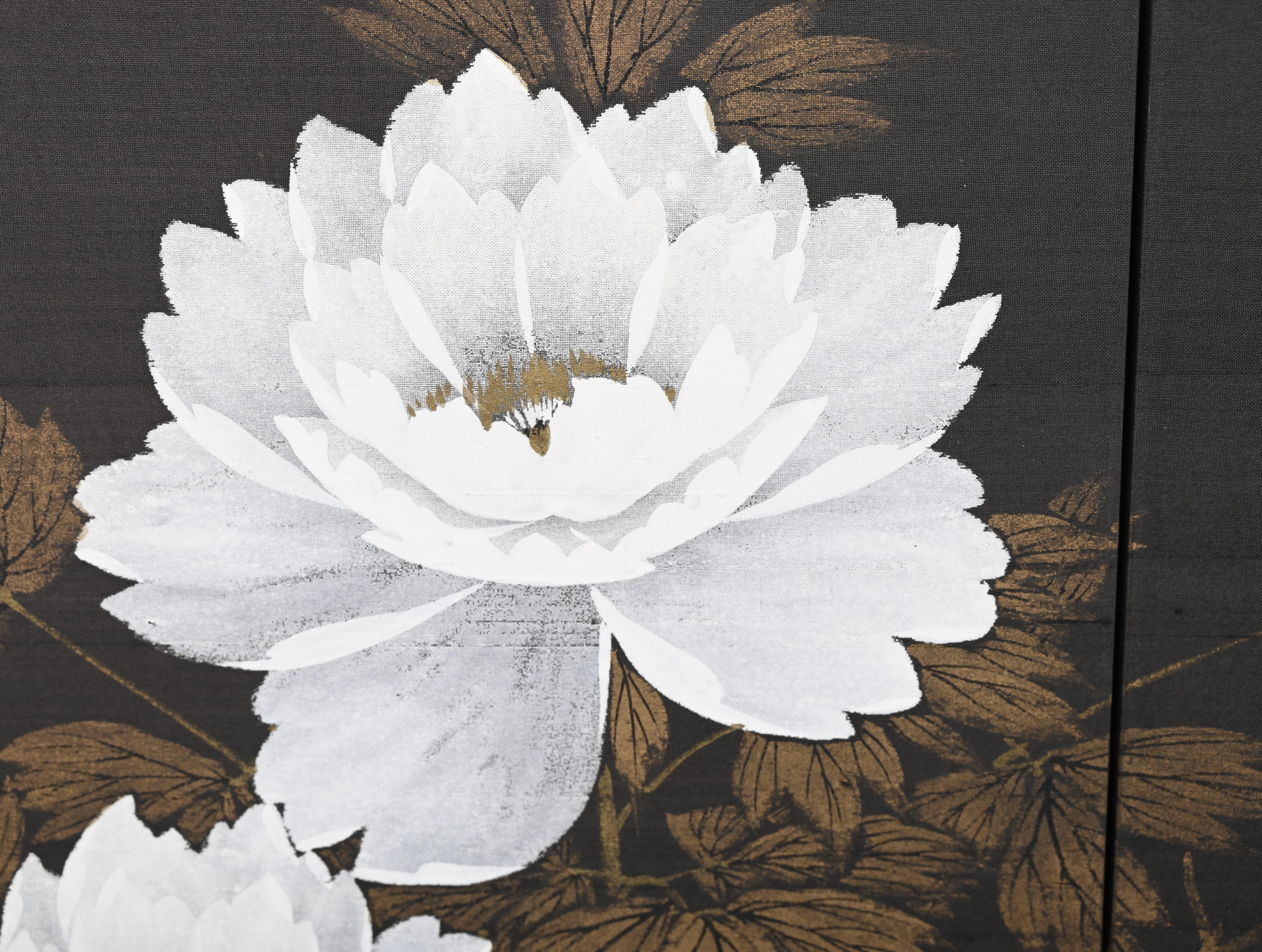 Four Panel Lotus Flower Painting on Silk, Signed, 20th Century 6