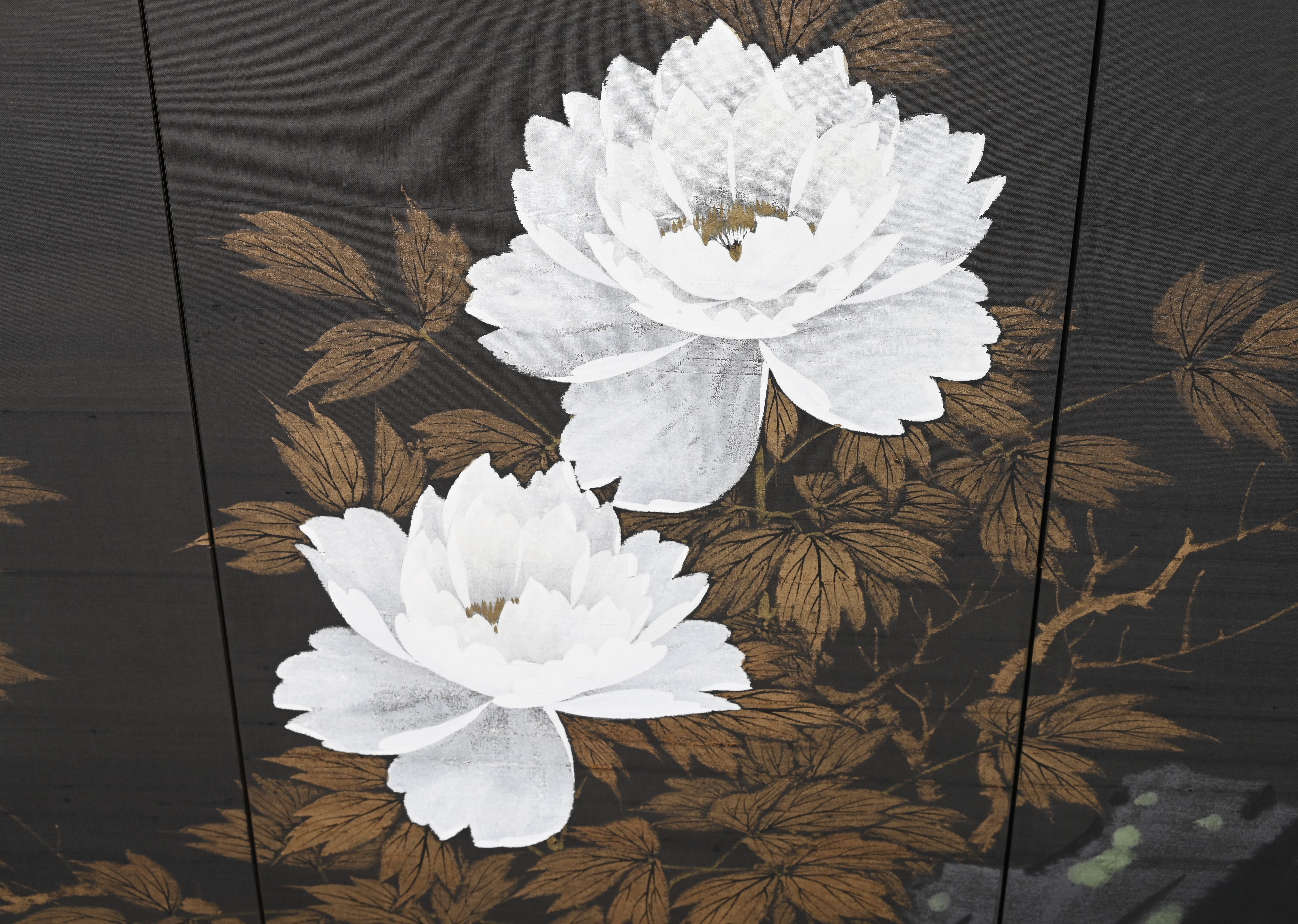 Four Panel Lotus Flower Painting on Silk, Signed, 20th Century 7