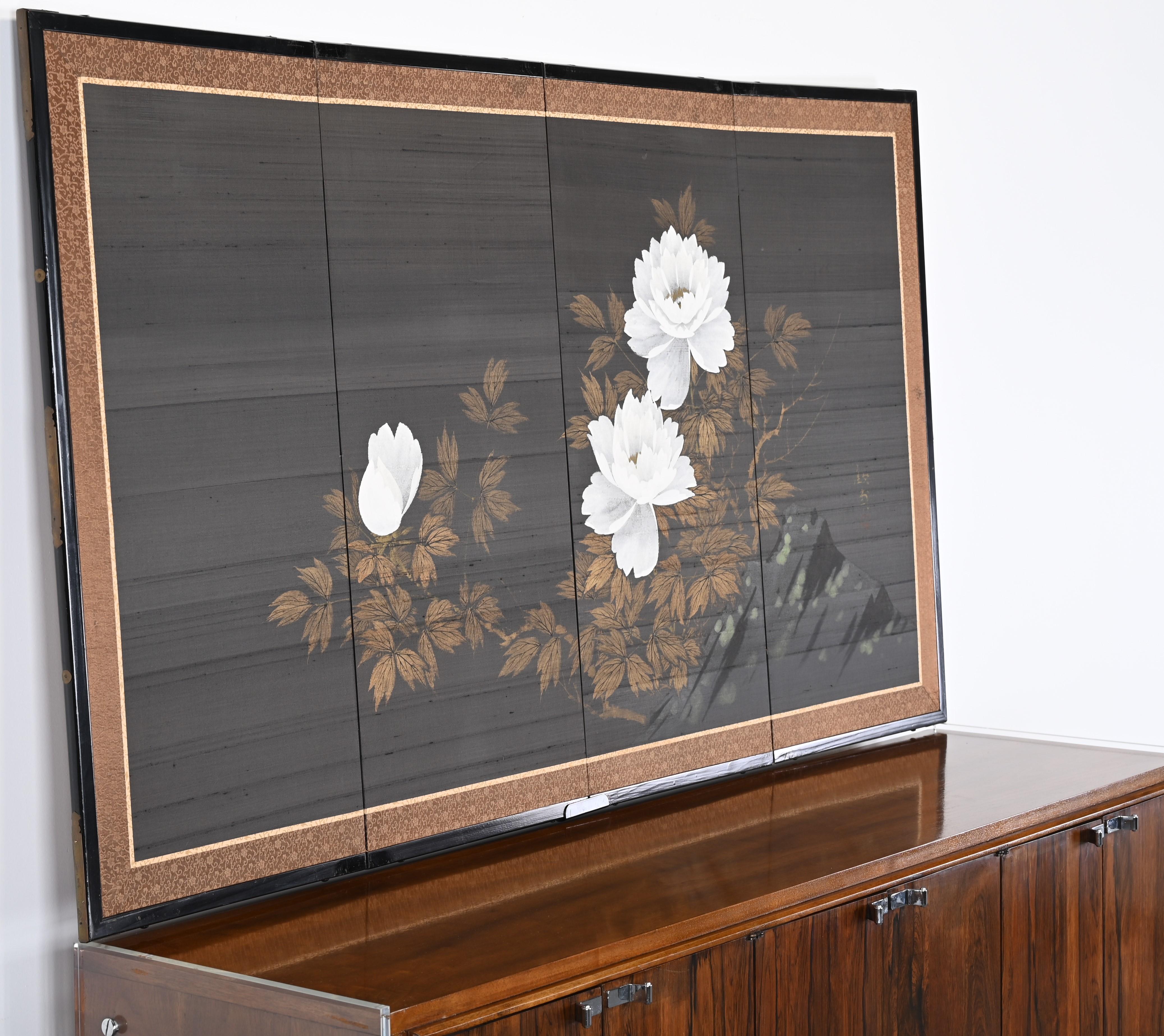 Meiji Four Panel Lotus Flower Painting on Silk, Signed, 20th Century