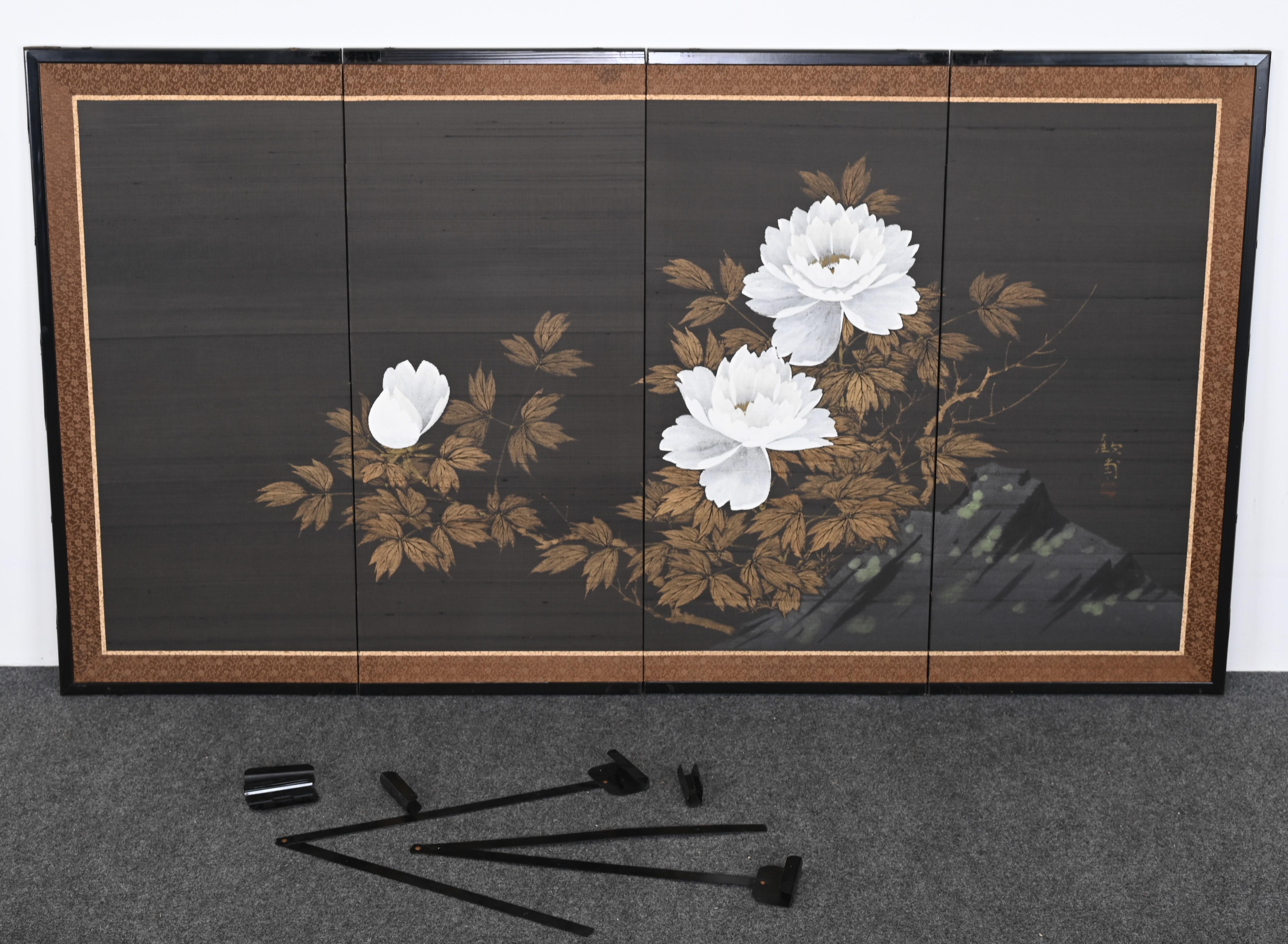 Four Panel Lotus Flower Painting on Silk, Signed, 20th Century 2