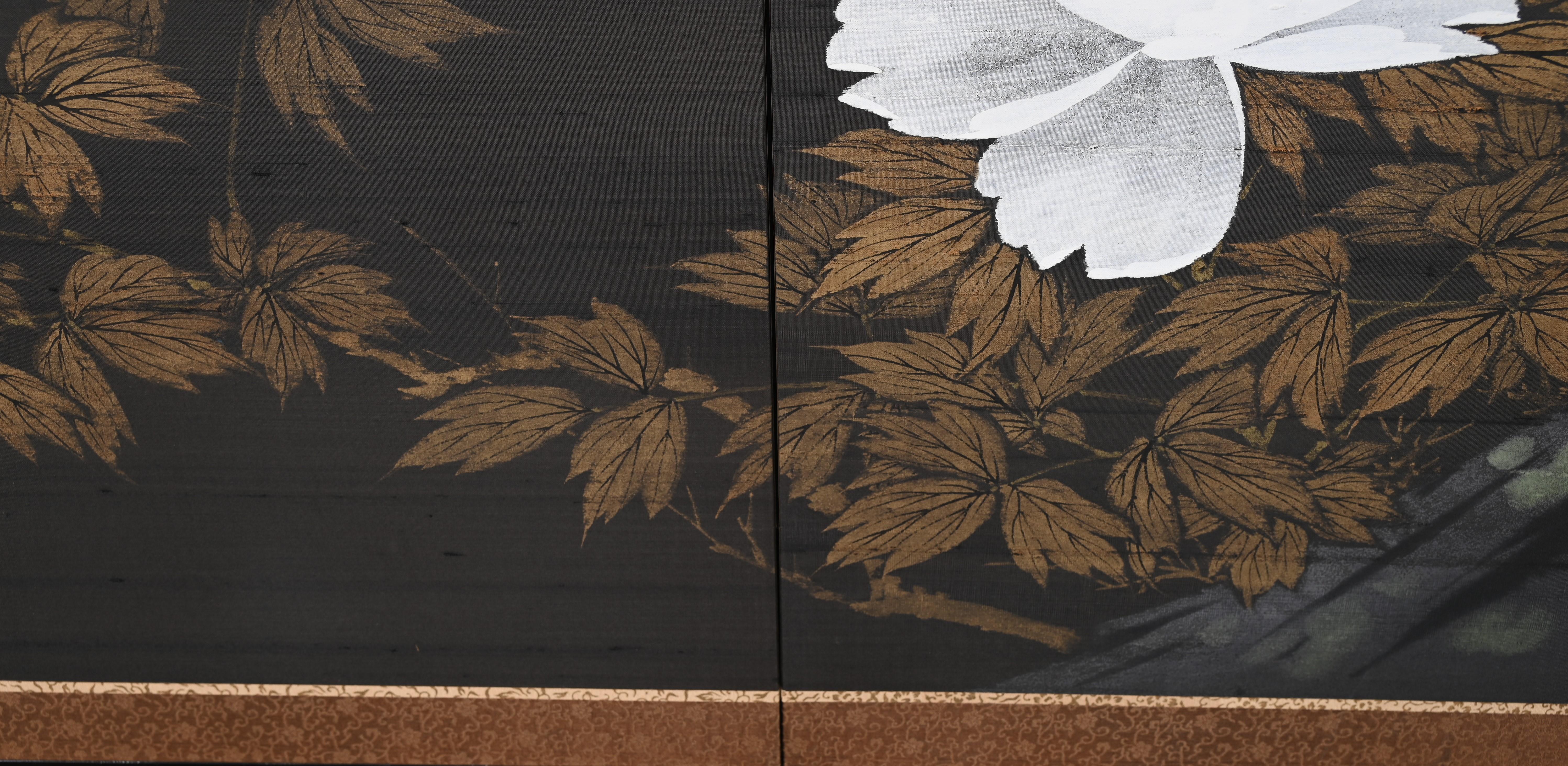 Four Panel Lotus Flower Painting on Silk, Signed, 20th Century 3