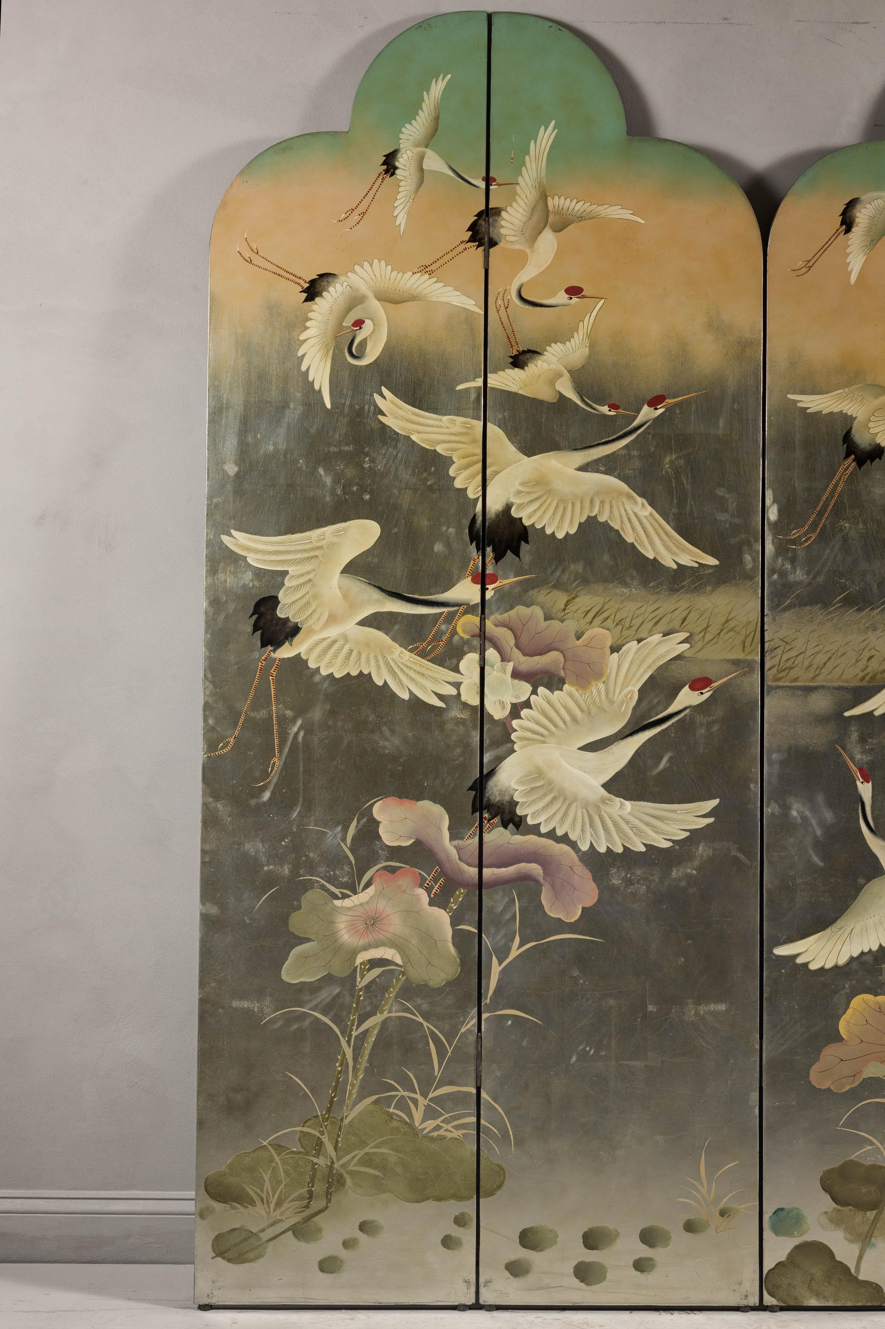 Four-Panel Multi-Color Bonnet Top Screen with Flock of Red Crowned Cranes 3