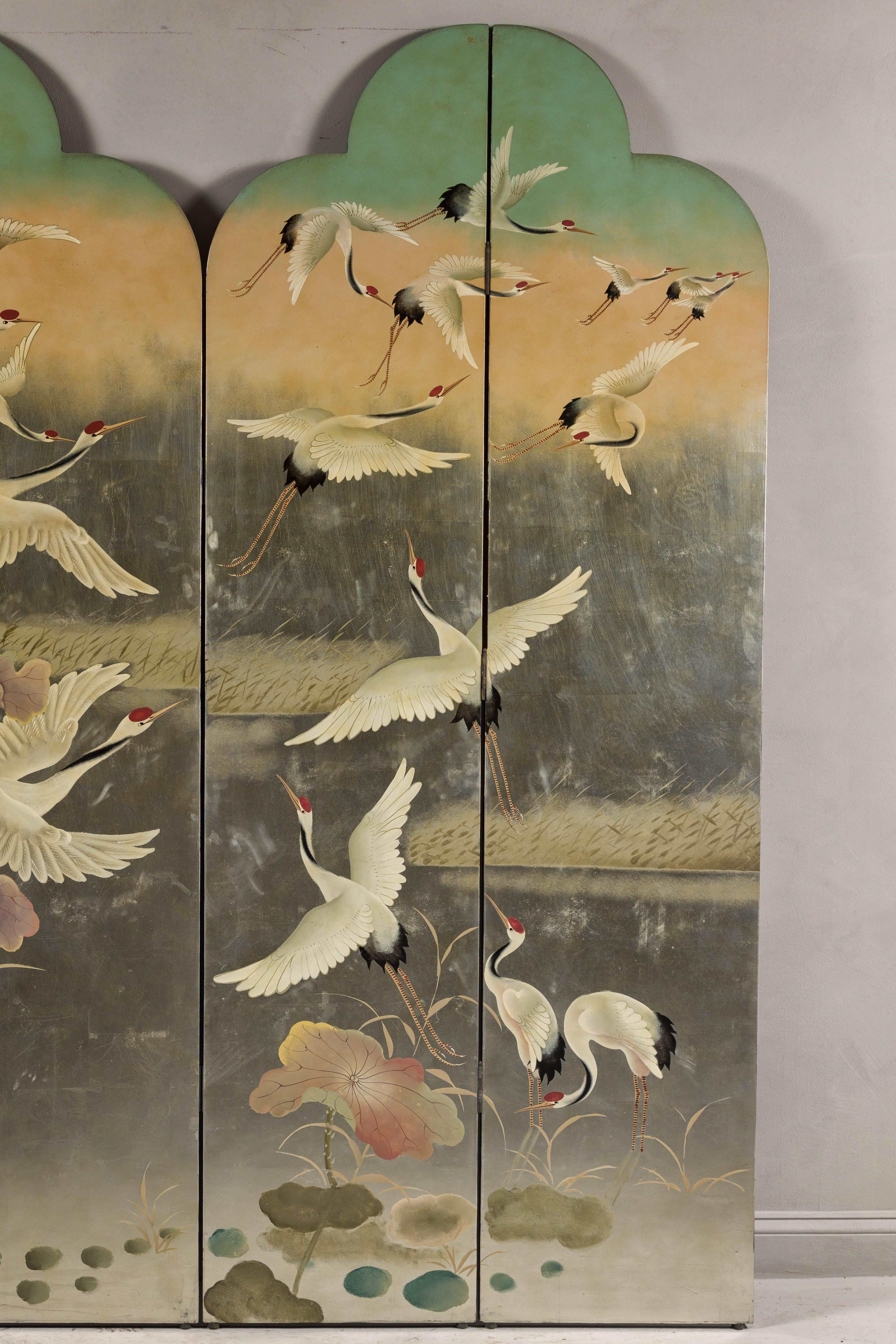 Four-Panel Multi-Color Bonnet Top Screen with Flock of Red Crowned Cranes 4