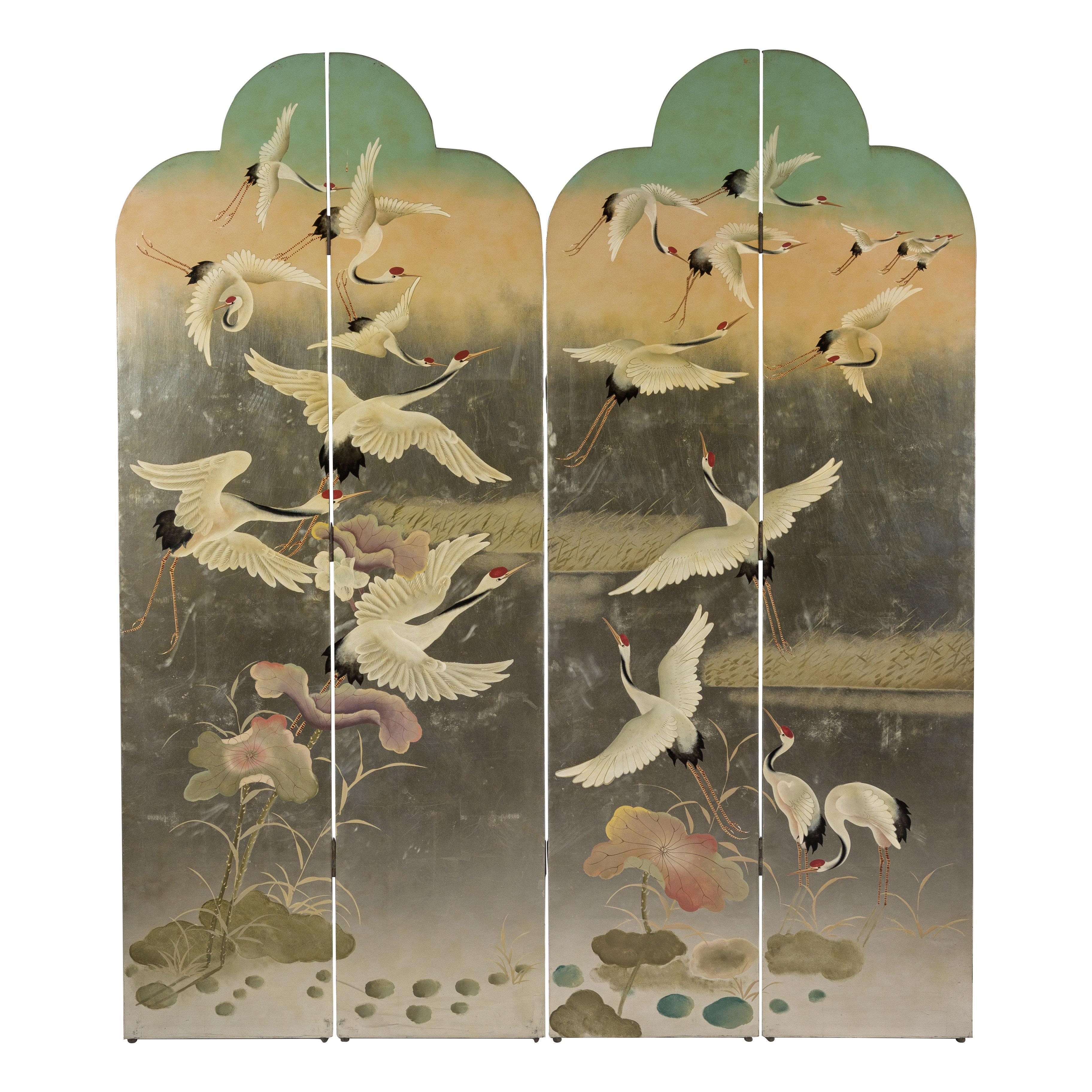Four-Panel Multi-Color Bonnet Top Screen with Flock of Red Crowned Cranes 10