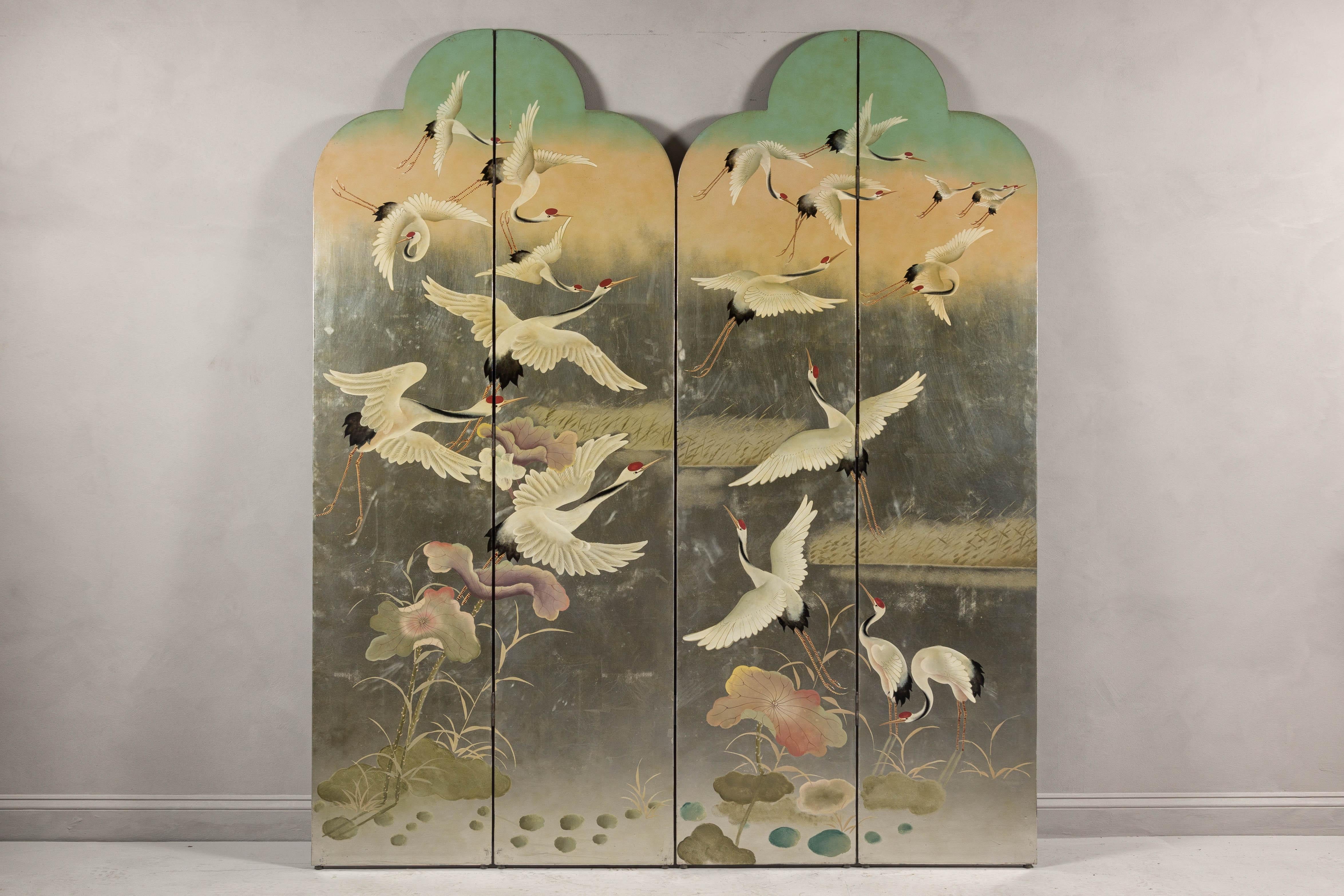 Chinese Four-Panel Multi-Color Bonnet Top Screen with Flock of Red Crowned Cranes