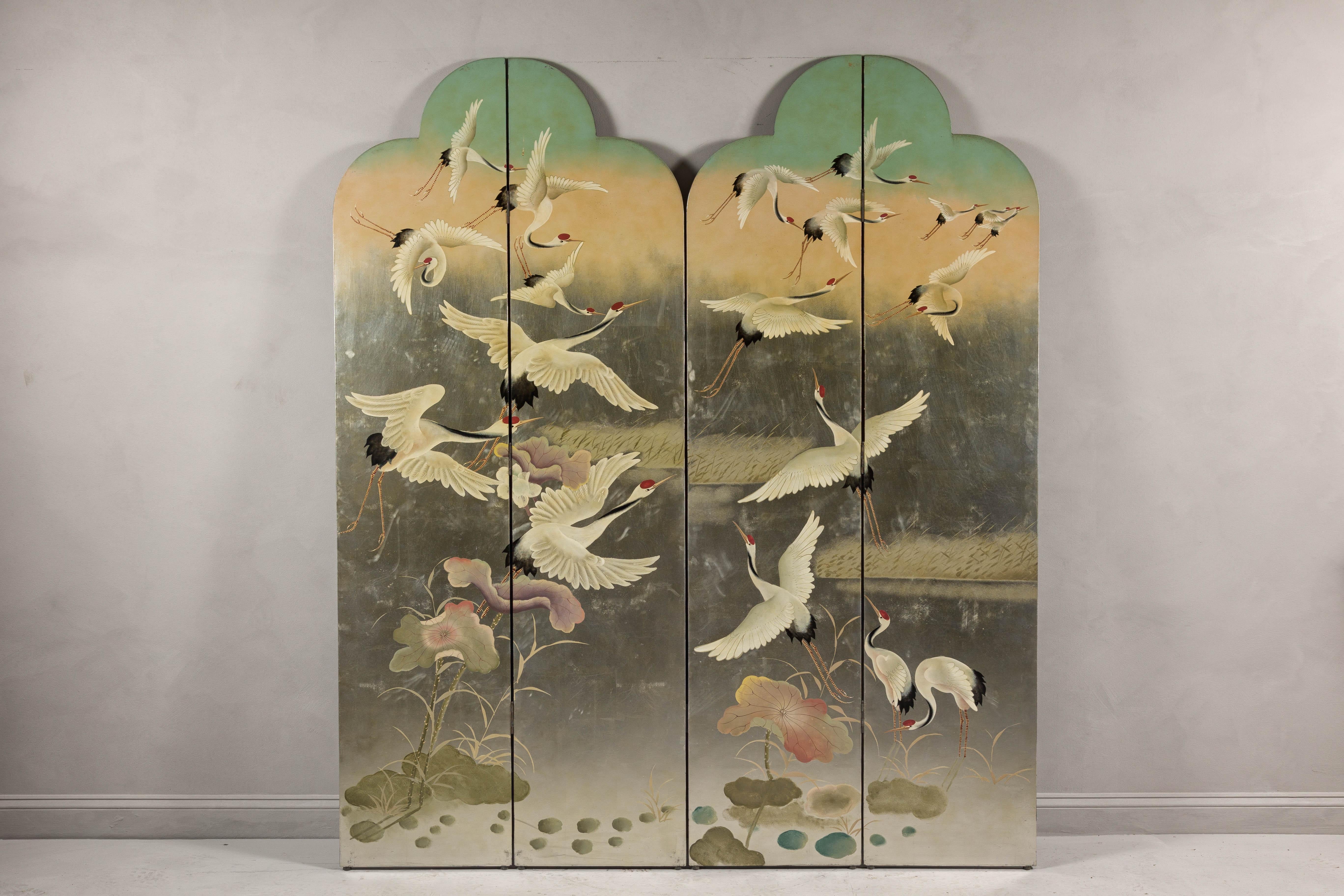 Lacquered Four-Panel Multi-Color Bonnet Top Screen with Flock of Red Crowned Cranes