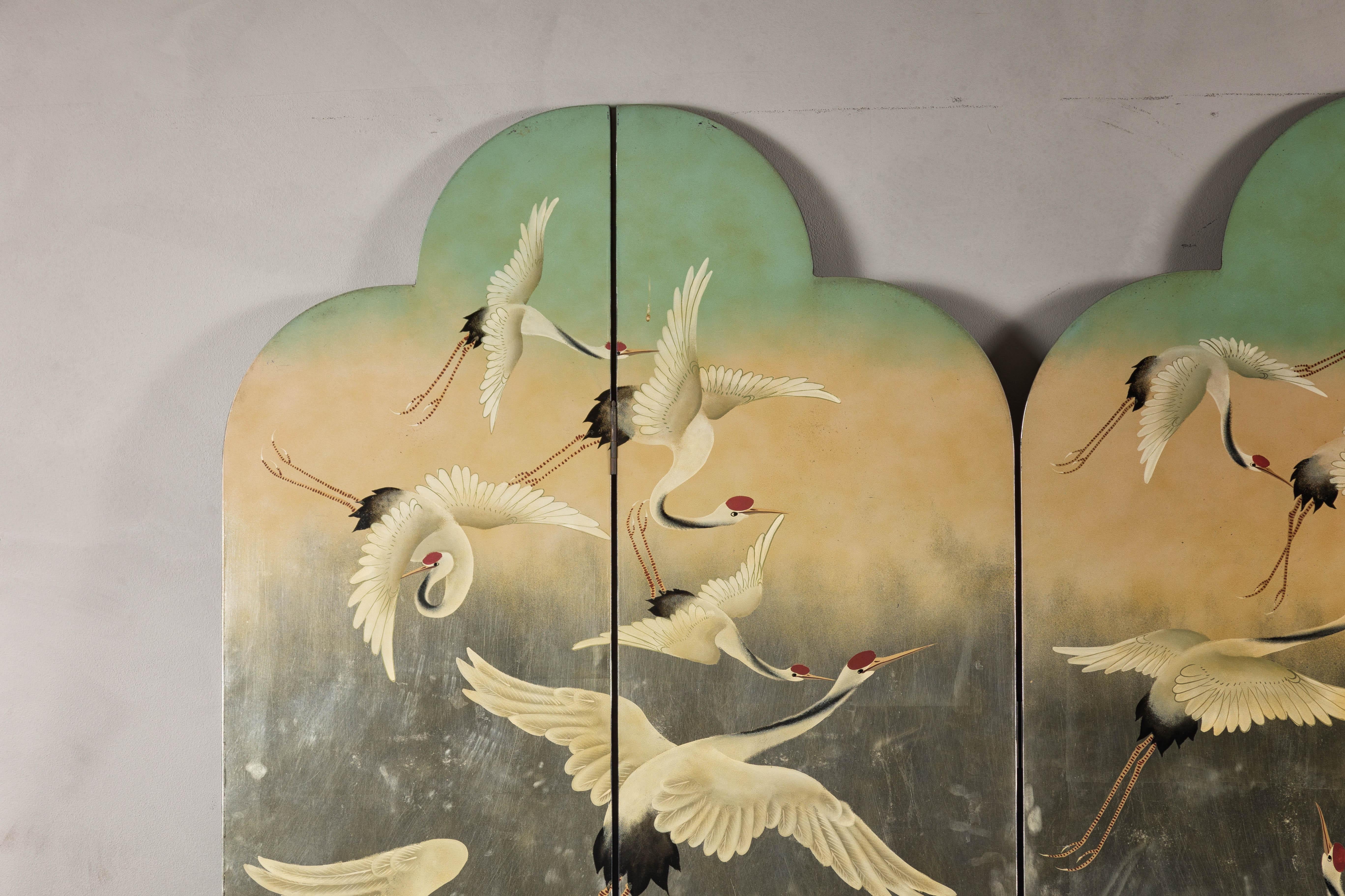 Four-Panel Multi-Color Bonnet Top Screen with Flock of Red Crowned Cranes In Good Condition In Yonkers, NY
