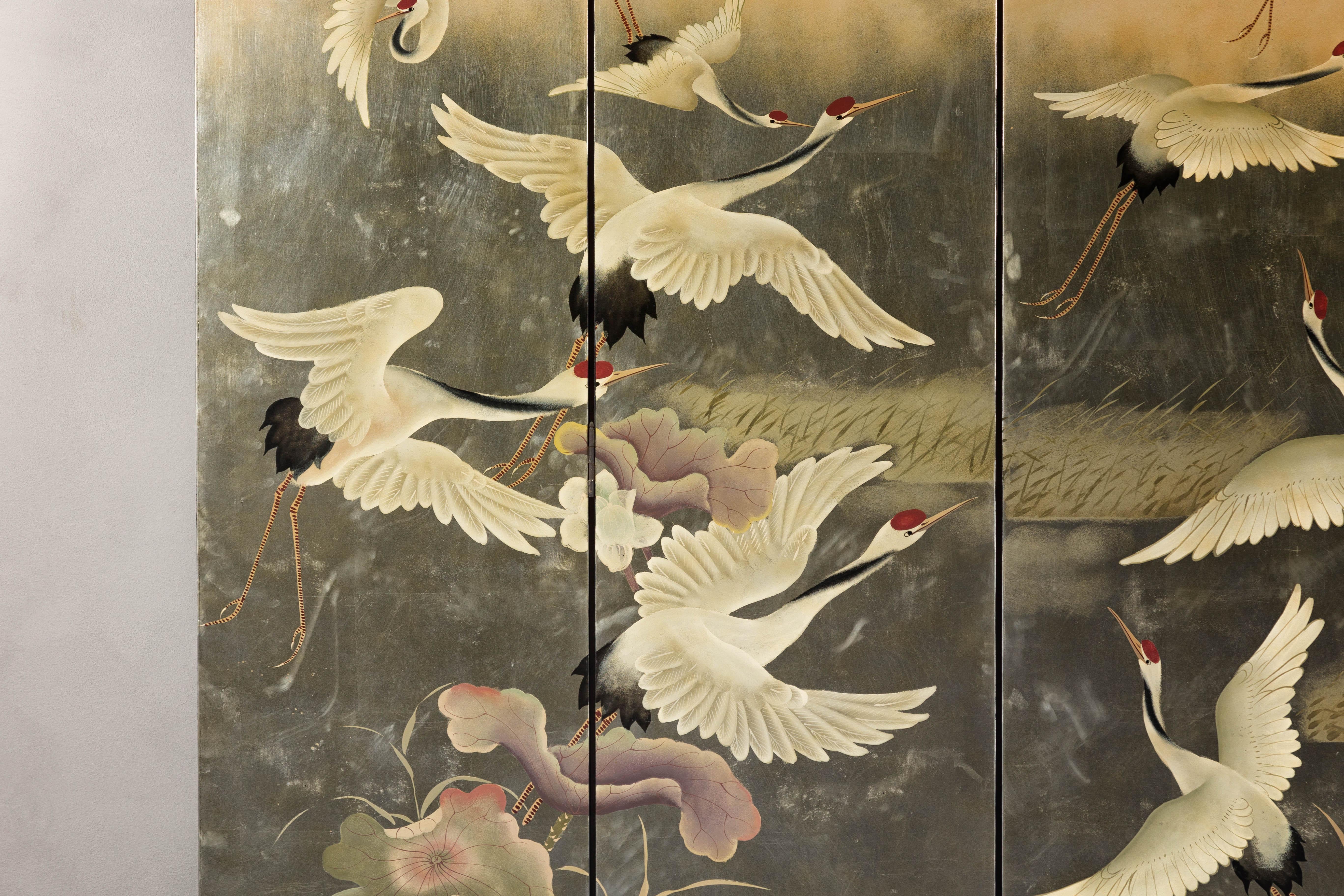 20th Century Four-Panel Multi-Color Bonnet Top Screen with Flock of Red Crowned Cranes
