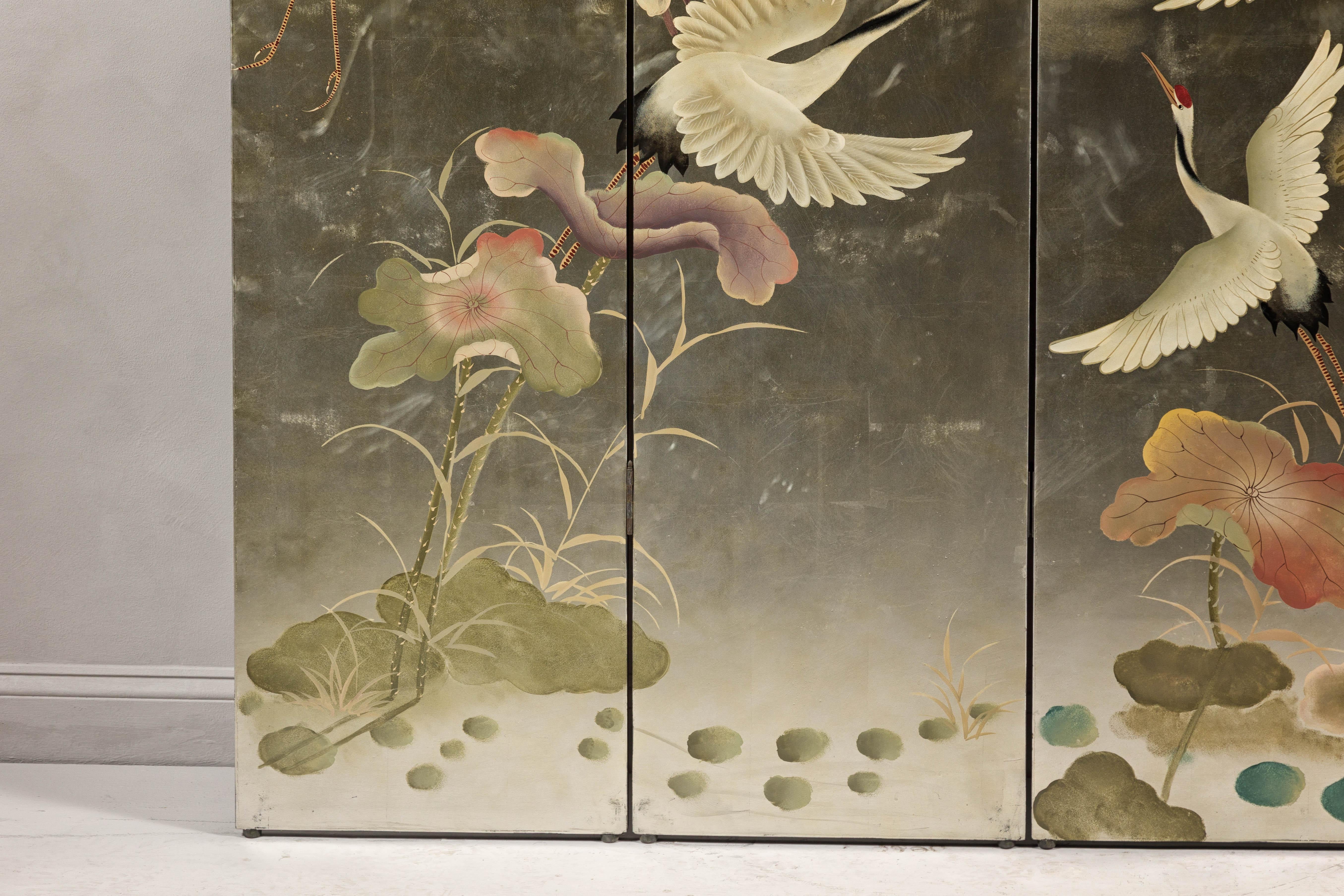 Wood Four-Panel Multi-Color Bonnet Top Screen with Flock of Red Crowned Cranes
