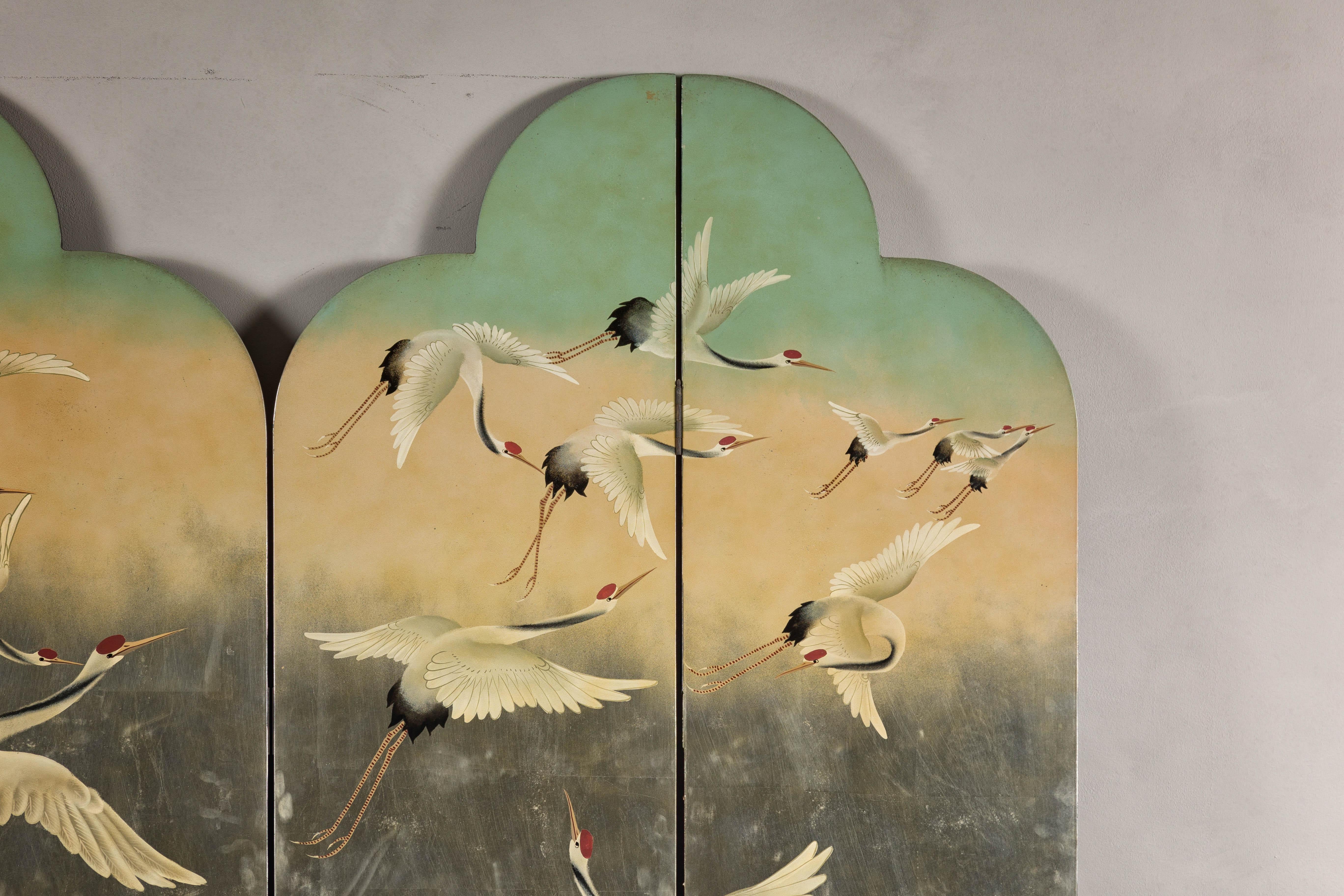 Four-Panel Multi-Color Bonnet Top Screen with Flock of Red Crowned Cranes 1