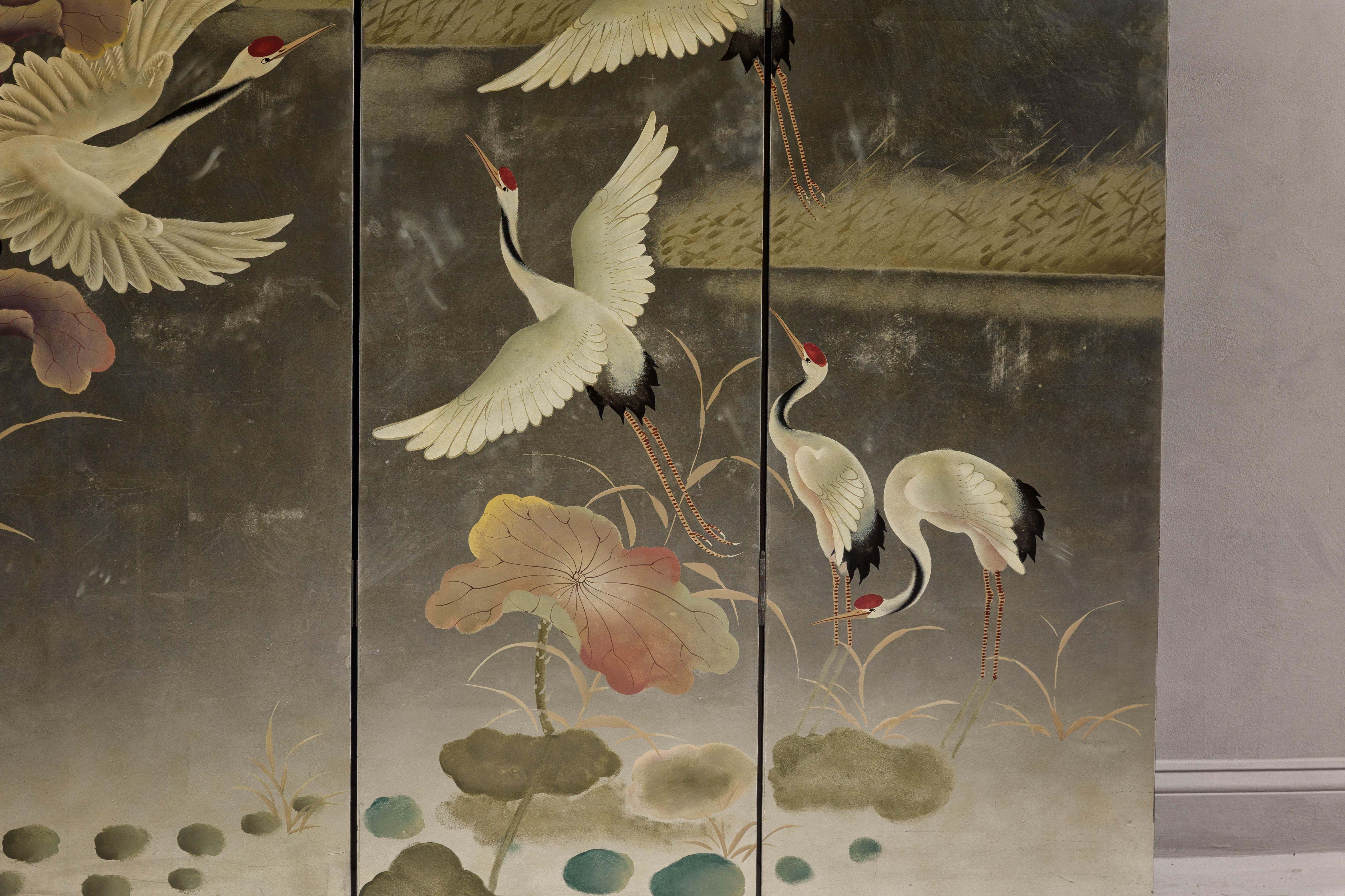 Four-Panel Multi-Color Bonnet Top Screen with Flock of Red Crowned Cranes 2