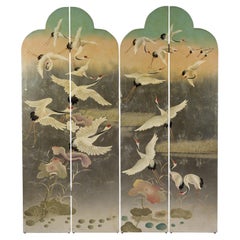 Four-Panel Multi-Color Bonnet Top Screen with Flock of Red Crowned Cranes