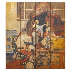 Paravent orientaliste à quatre panneaux représentant un intérieur lavande du Moyen-Orient