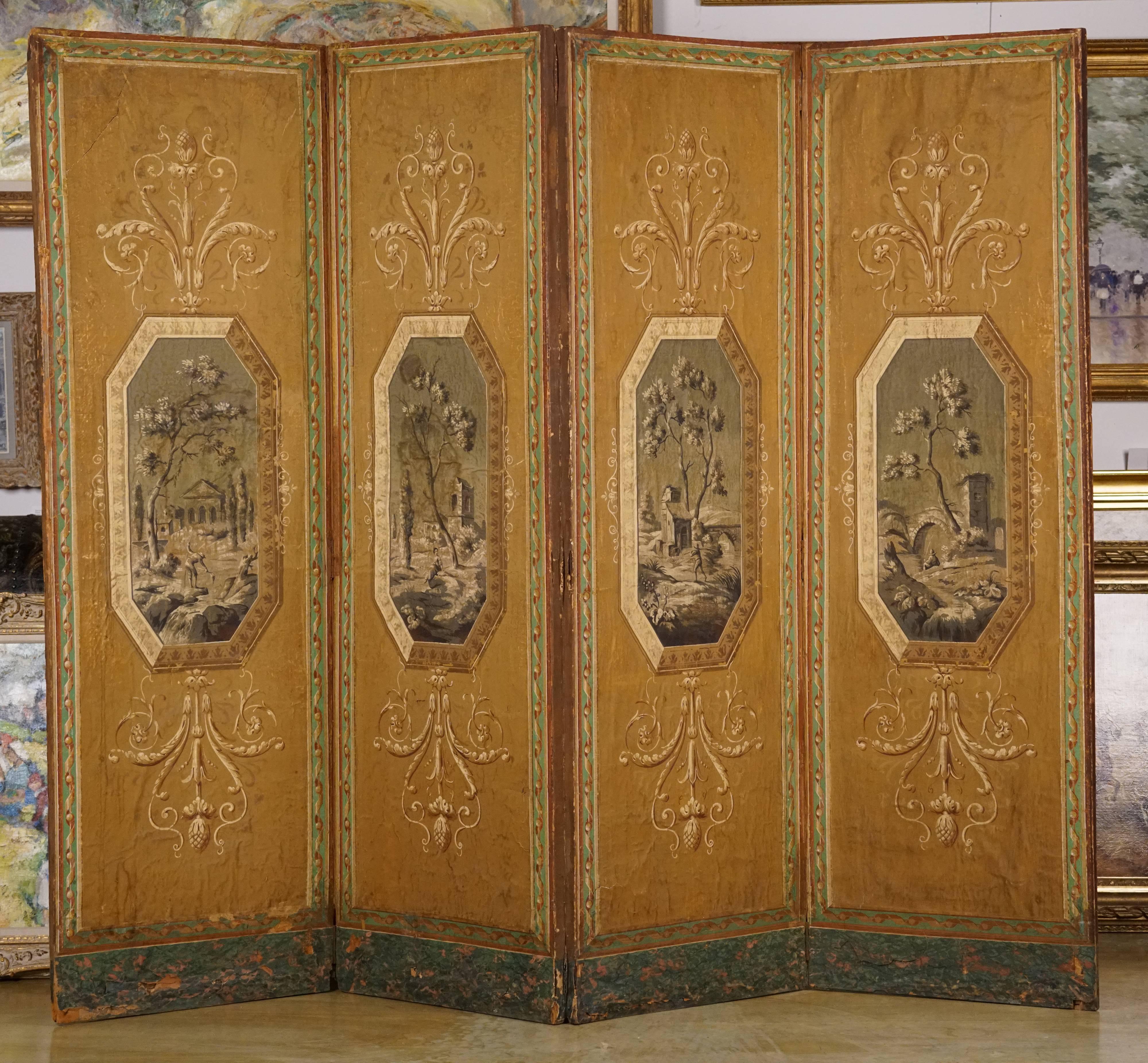 Each panel decorated with a landscape.

Each panel is H.69 in. by 22 in.