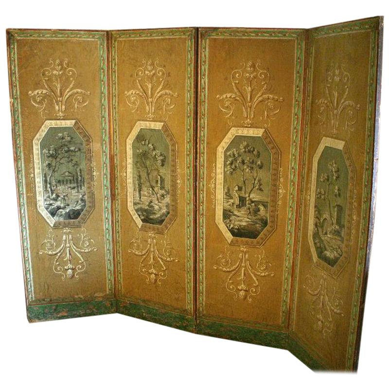 Four-Panel Painted Neoclassical French Screen For Sale