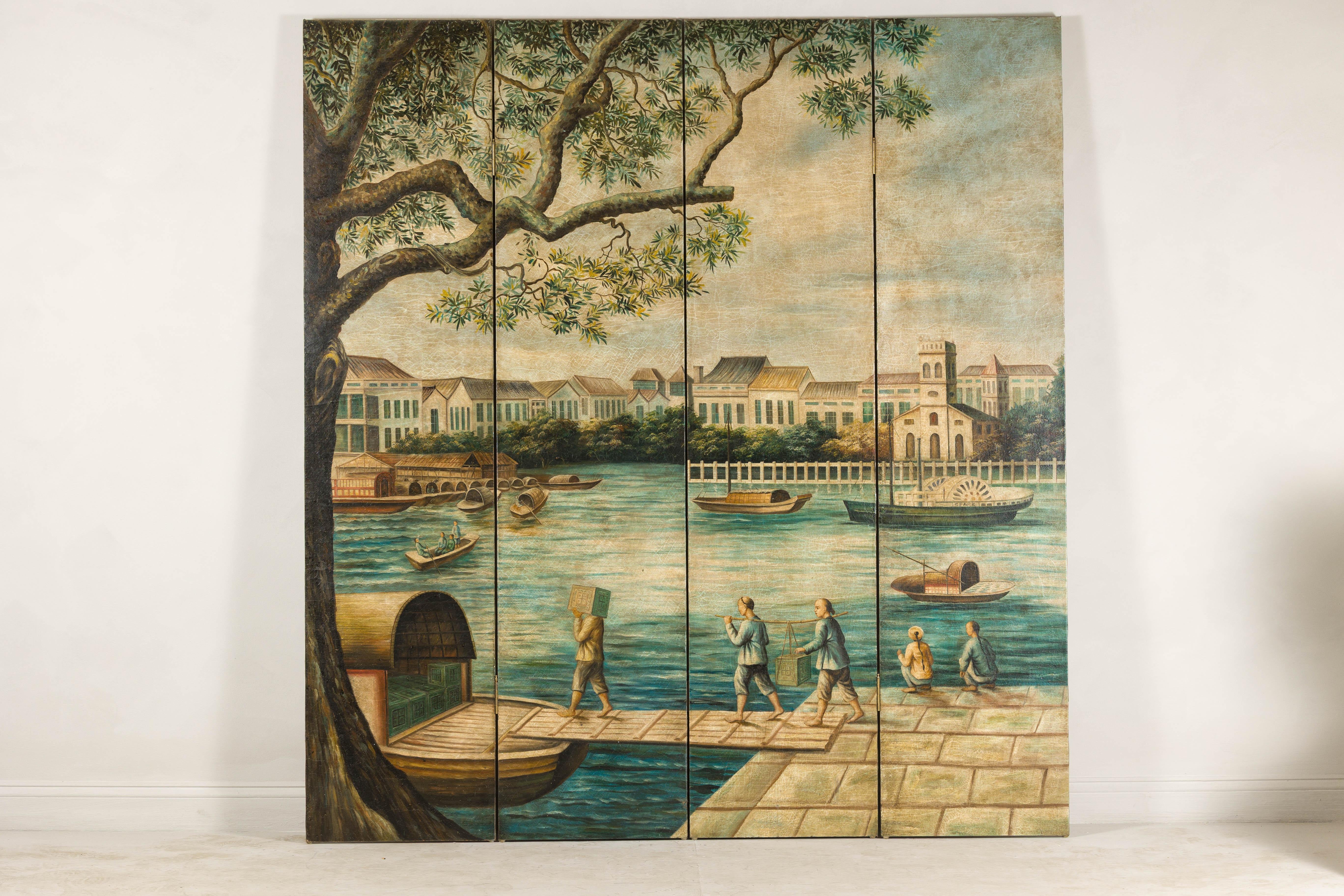 Paravento dipinto a quattro pannelli raffigurante barche e figure di fiume in vendita 4