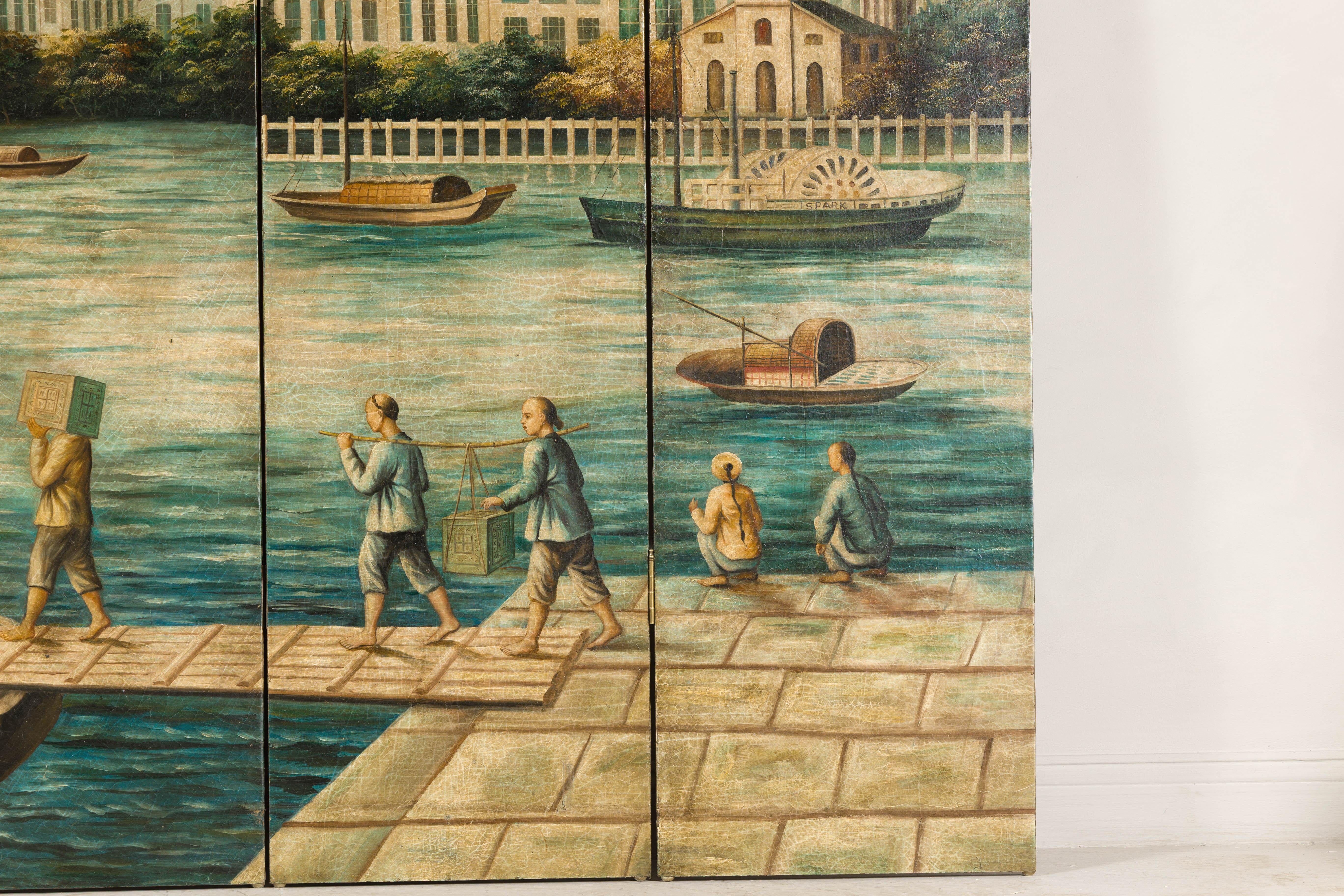 Paravento dipinto a quattro pannelli raffigurante barche e figure di fiume in vendita 8
