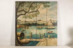 Four-Panel Painted Screen Depicting Boats and Riverside Figures