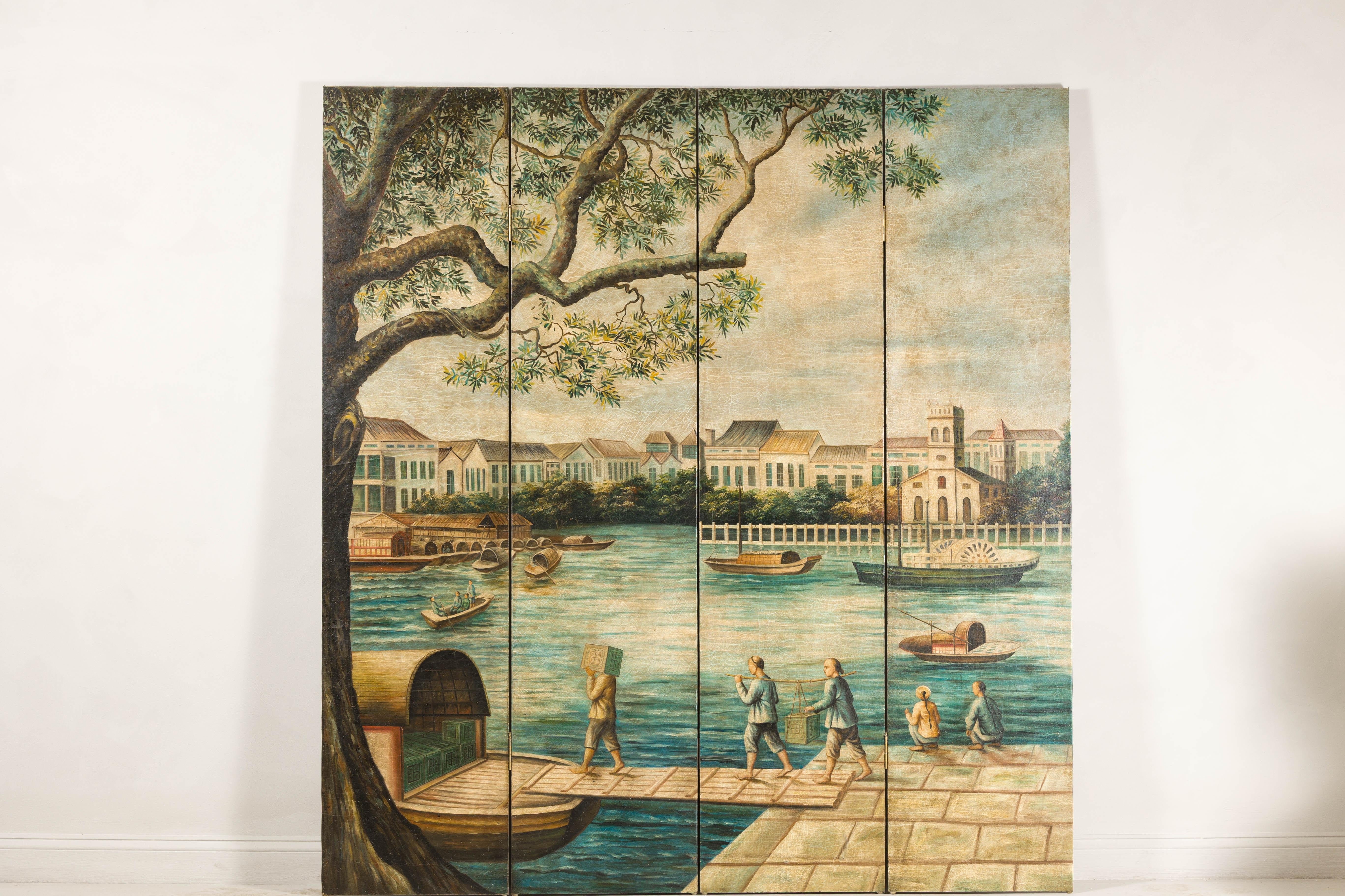 Dipinto a mano Paravento dipinto a quattro pannelli raffigurante barche e figure di fiume in vendita