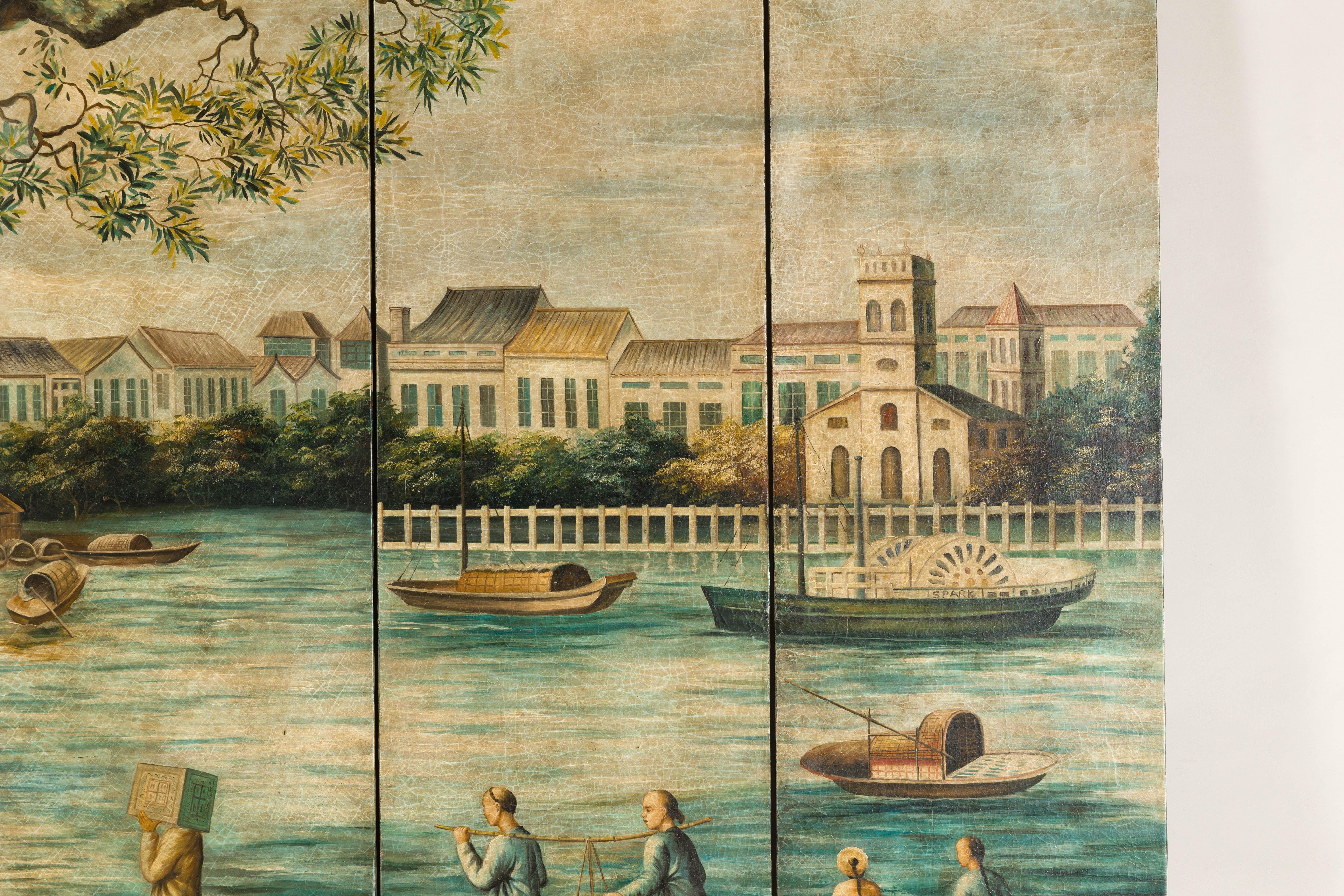 XX secolo Paravento dipinto a quattro pannelli raffigurante barche e figure di fiume in vendita