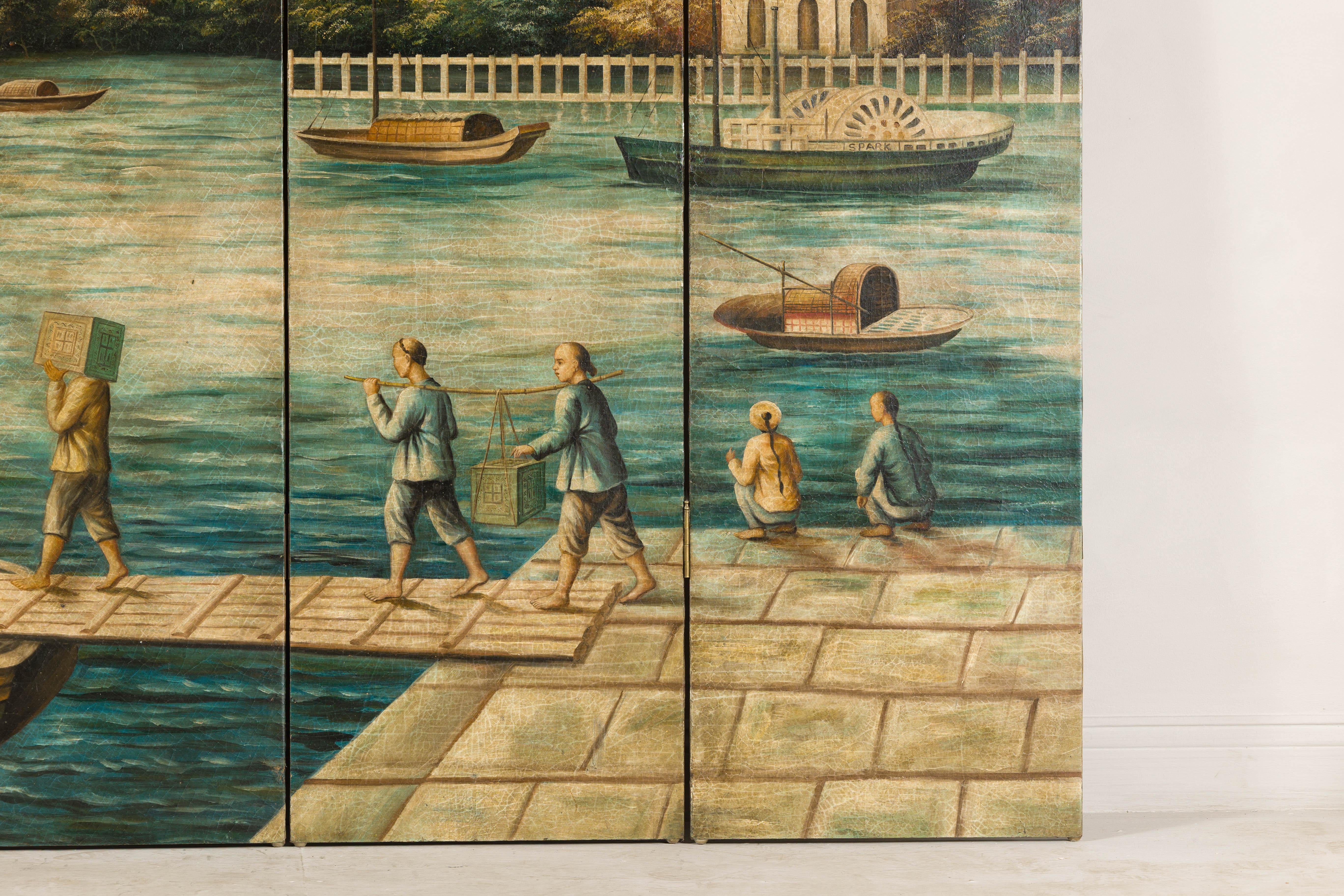 Tela Paravento dipinto a quattro pannelli raffigurante barche e figure di fiume in vendita