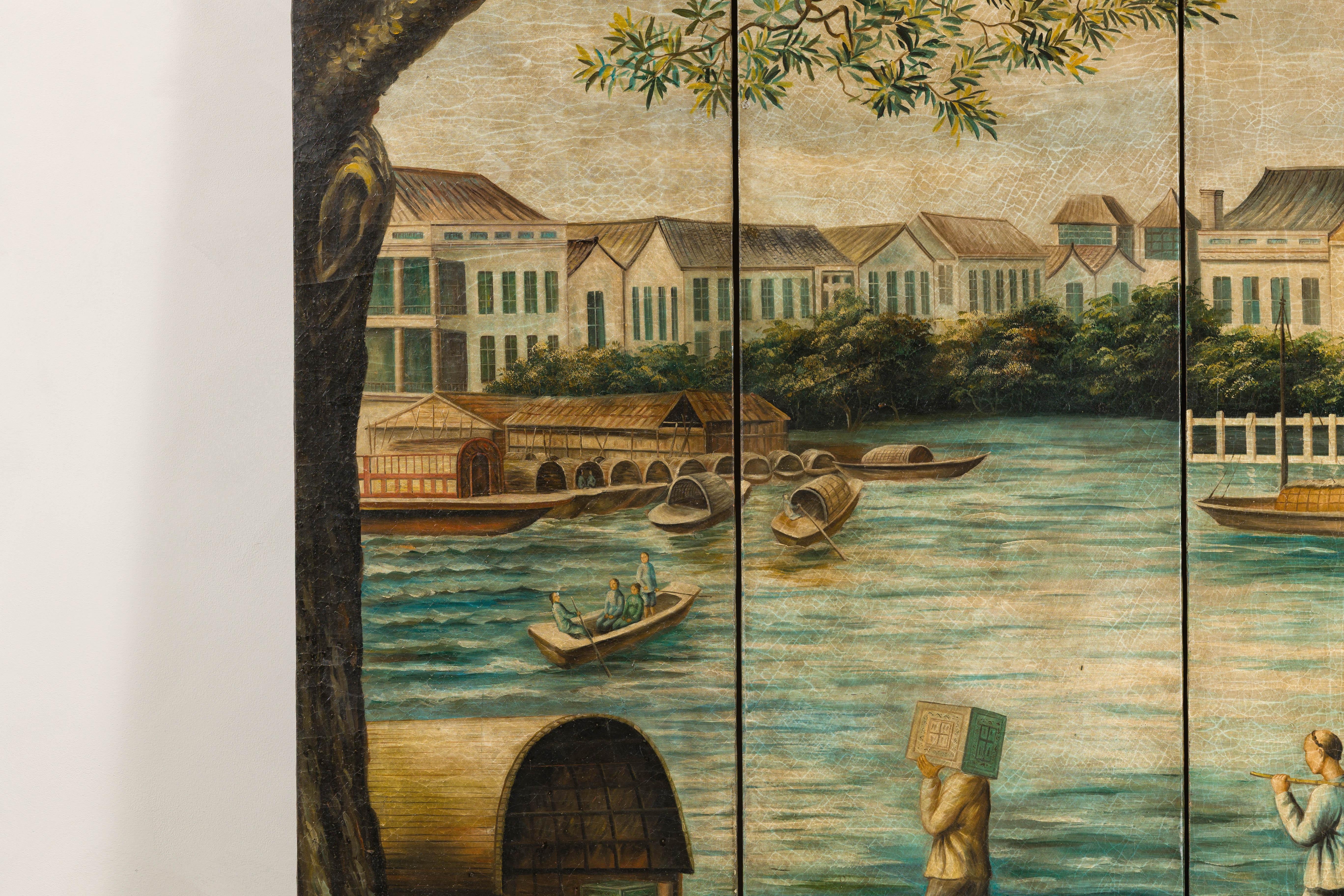 Paravento dipinto a quattro pannelli raffigurante barche e figure di fiume in vendita 2