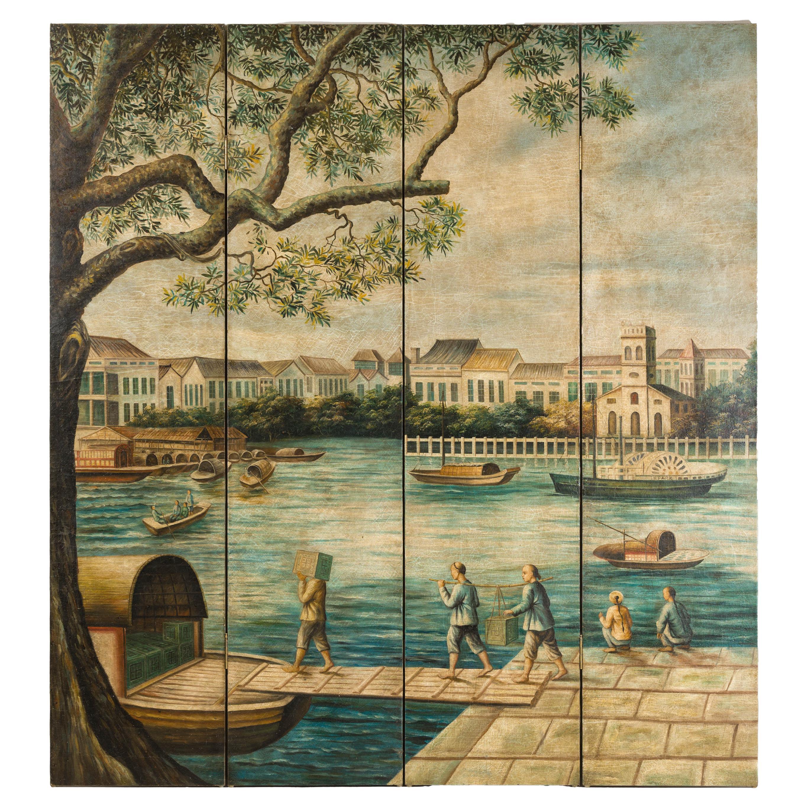 Paravento dipinto a quattro pannelli raffigurante barche e figure di fiume