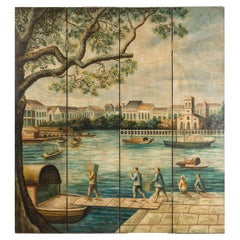 Paravent peint à quatre panneaux représentant des bateaux et des personnages riverains