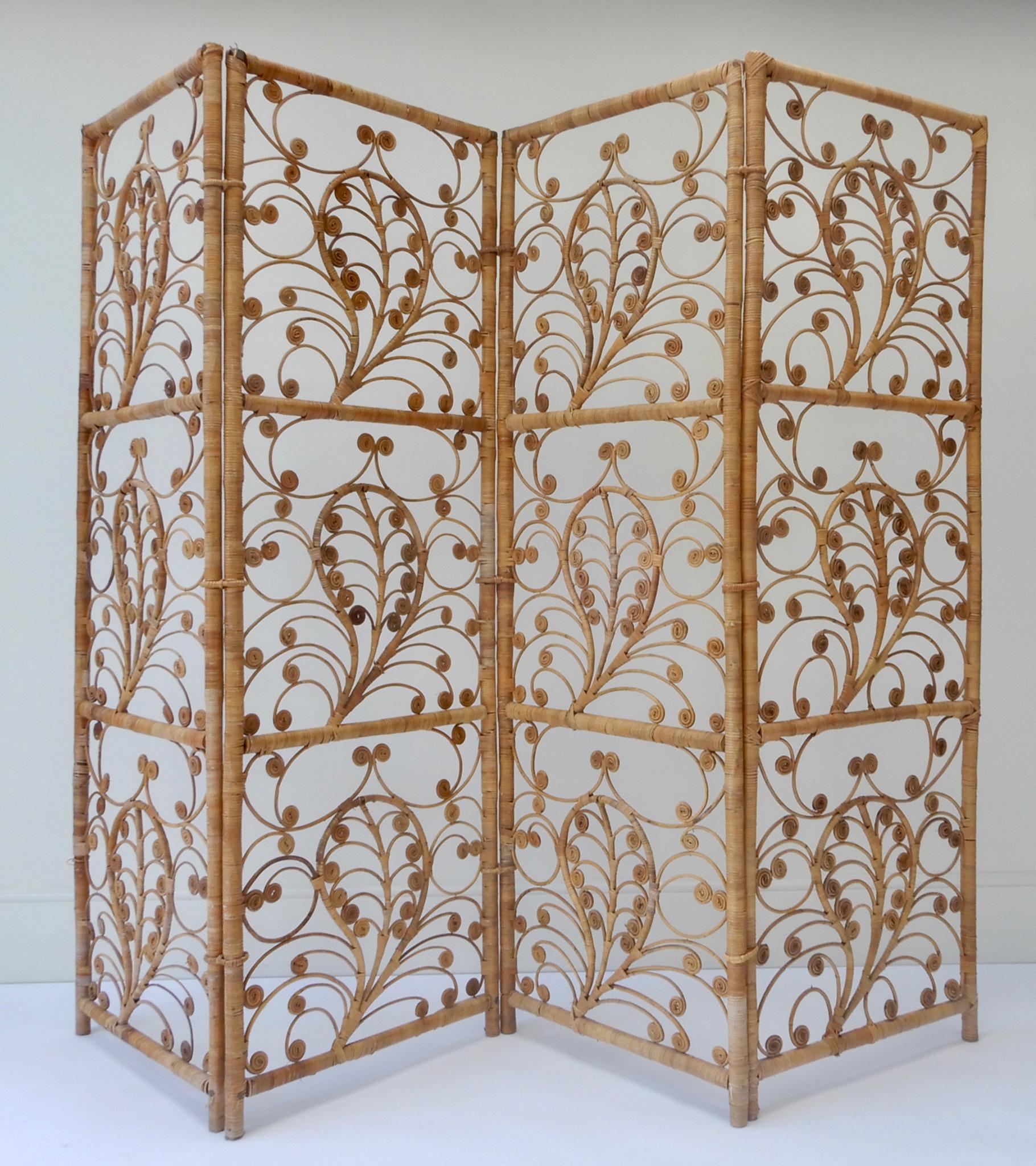 Four-panel rattan screen room divider, 1940s.