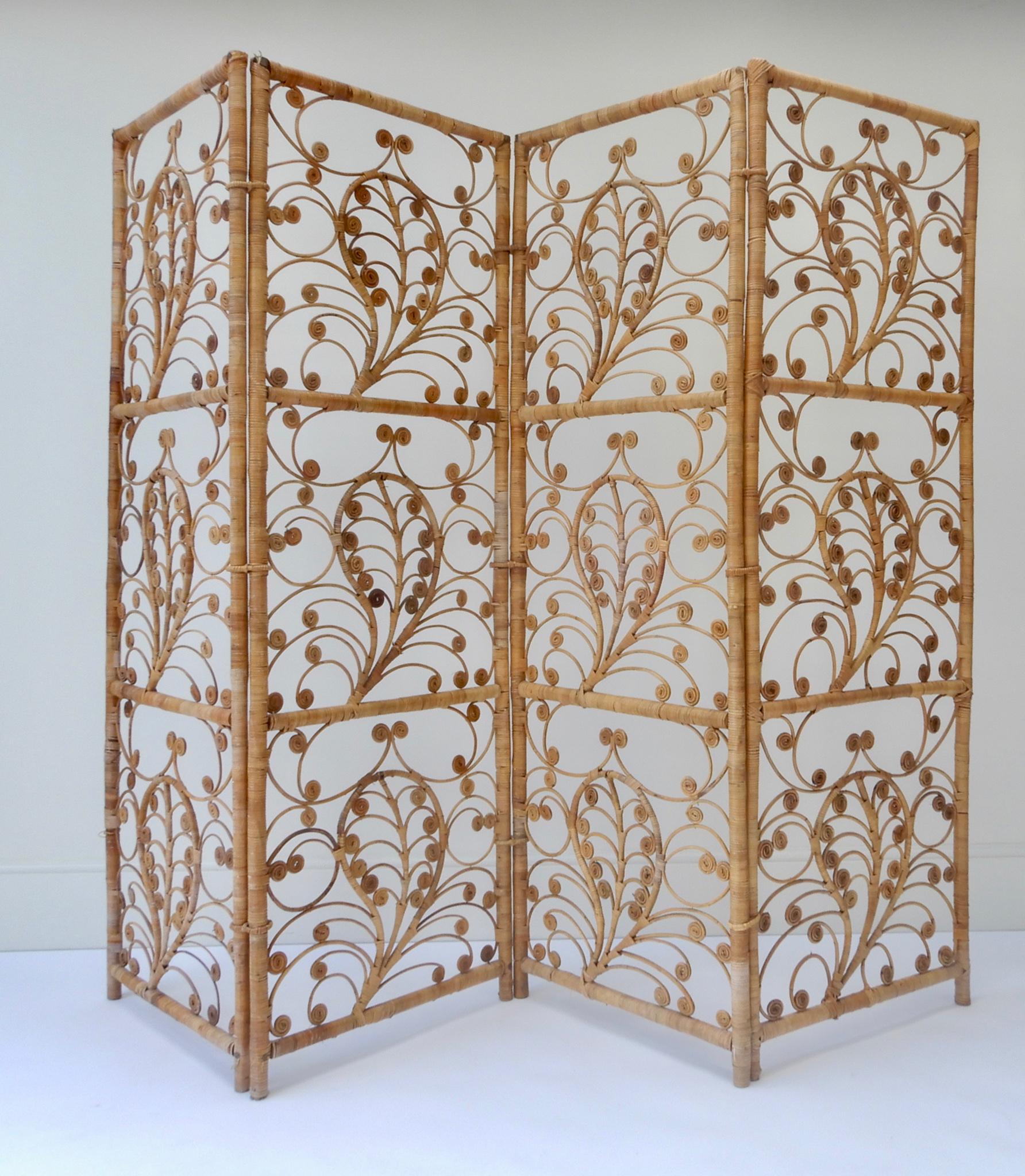 Bohemian Four-Panel Rattan Screen Room Divider, 1940s For Sale