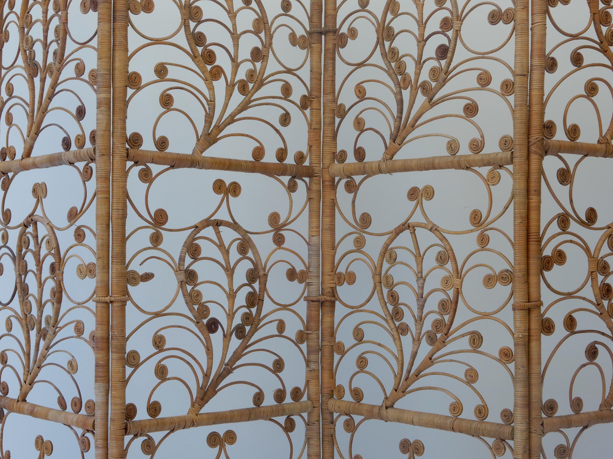 Mid-20th Century Four-Panel Rattan Screen Room Divider, 1940s For Sale