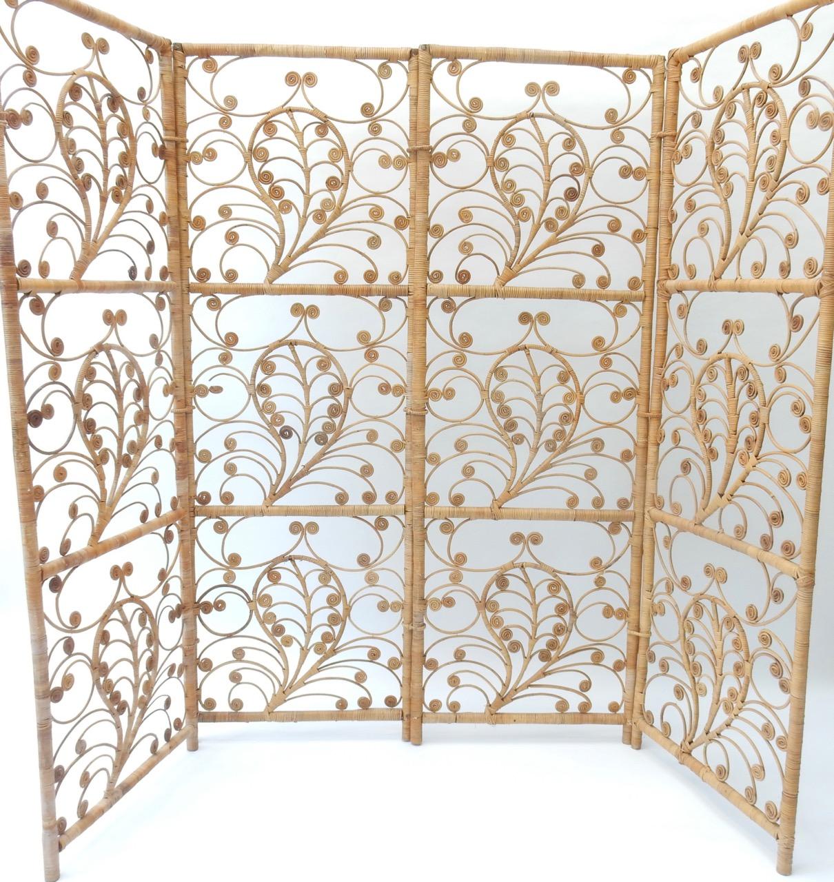 Four-Panel Rattan Screen Room Divider, 1940s For Sale 2
