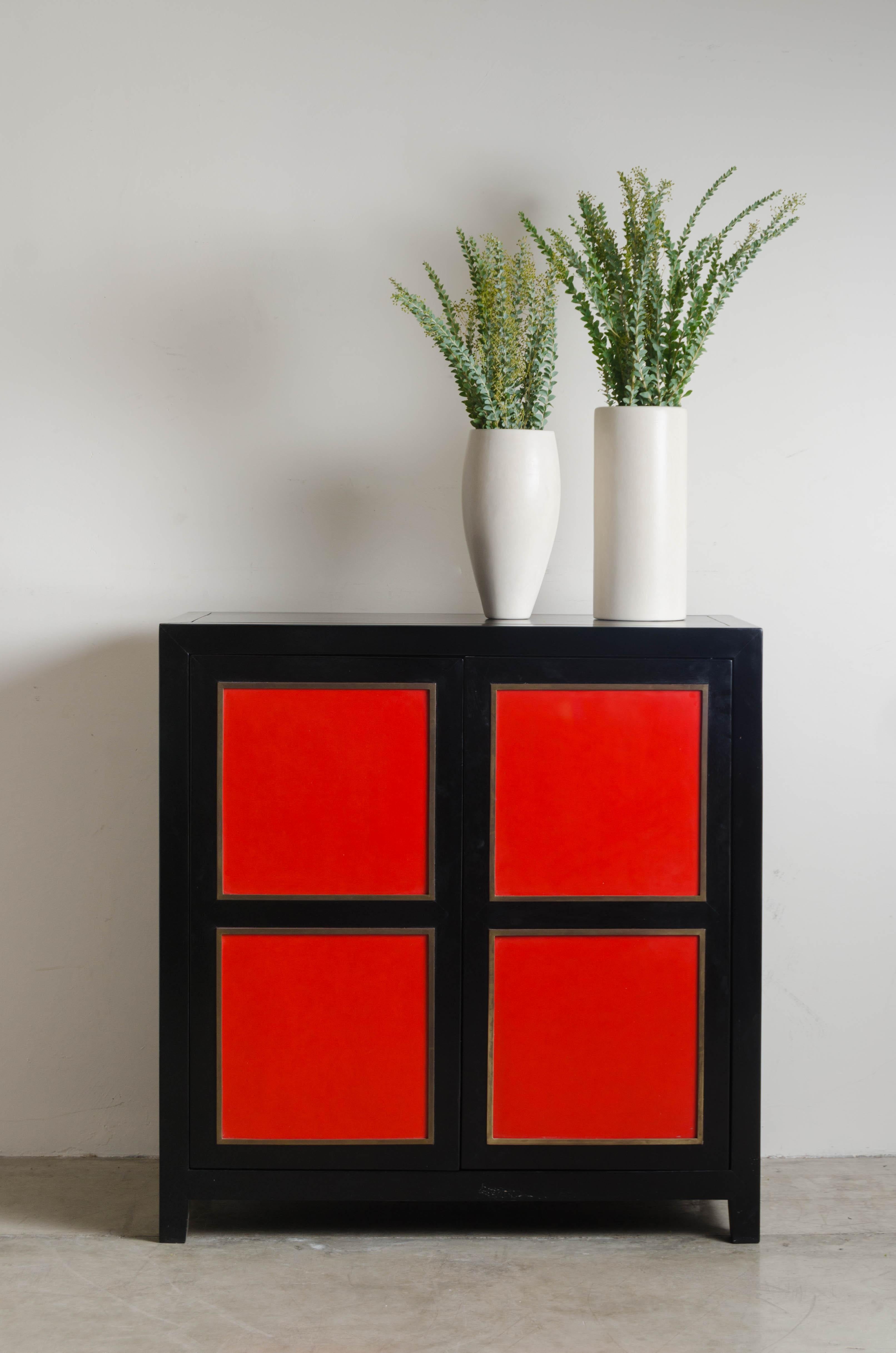 Lacquered Four-Panel Red Lacquer Armoire with Brass Trim by Robert Kuo, Limited Editon For Sale