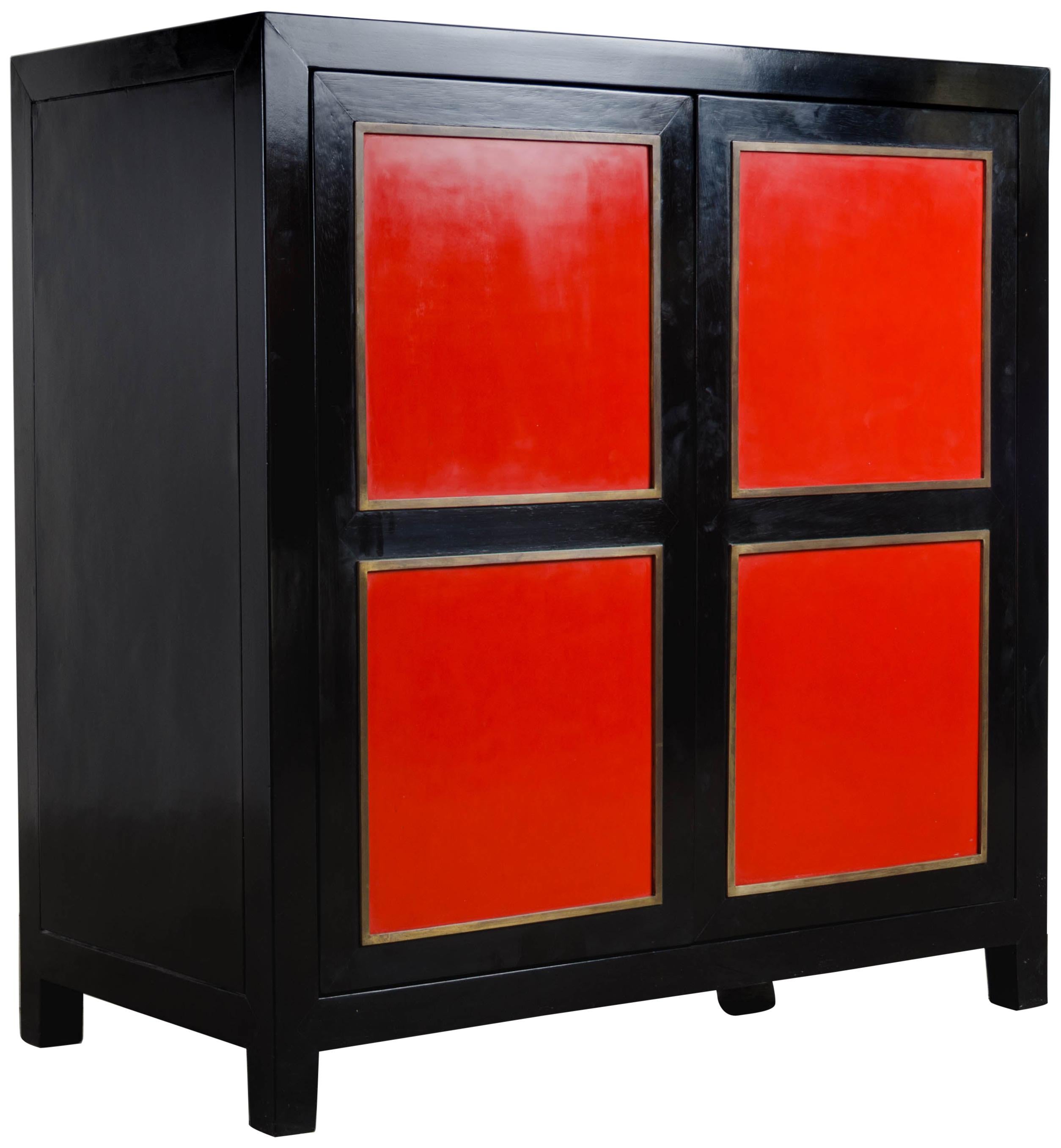 Four-Panel Red Lacquer Armoire with Brass Trim by Robert Kuo, Limited Editon