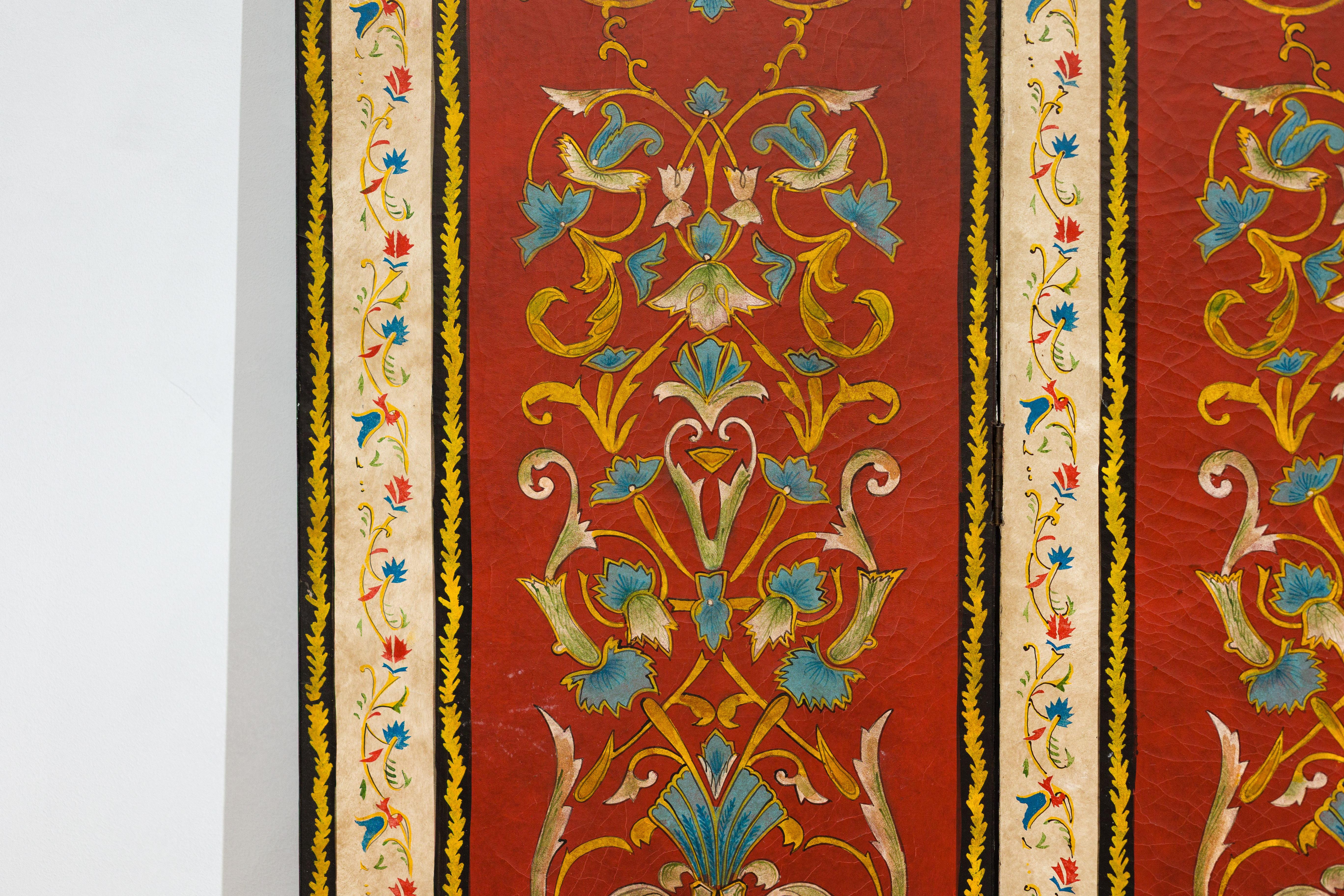 Four-Panel Red Lacquer Folding Screen with Hand-Painted Floral Scrollwork For Sale 5