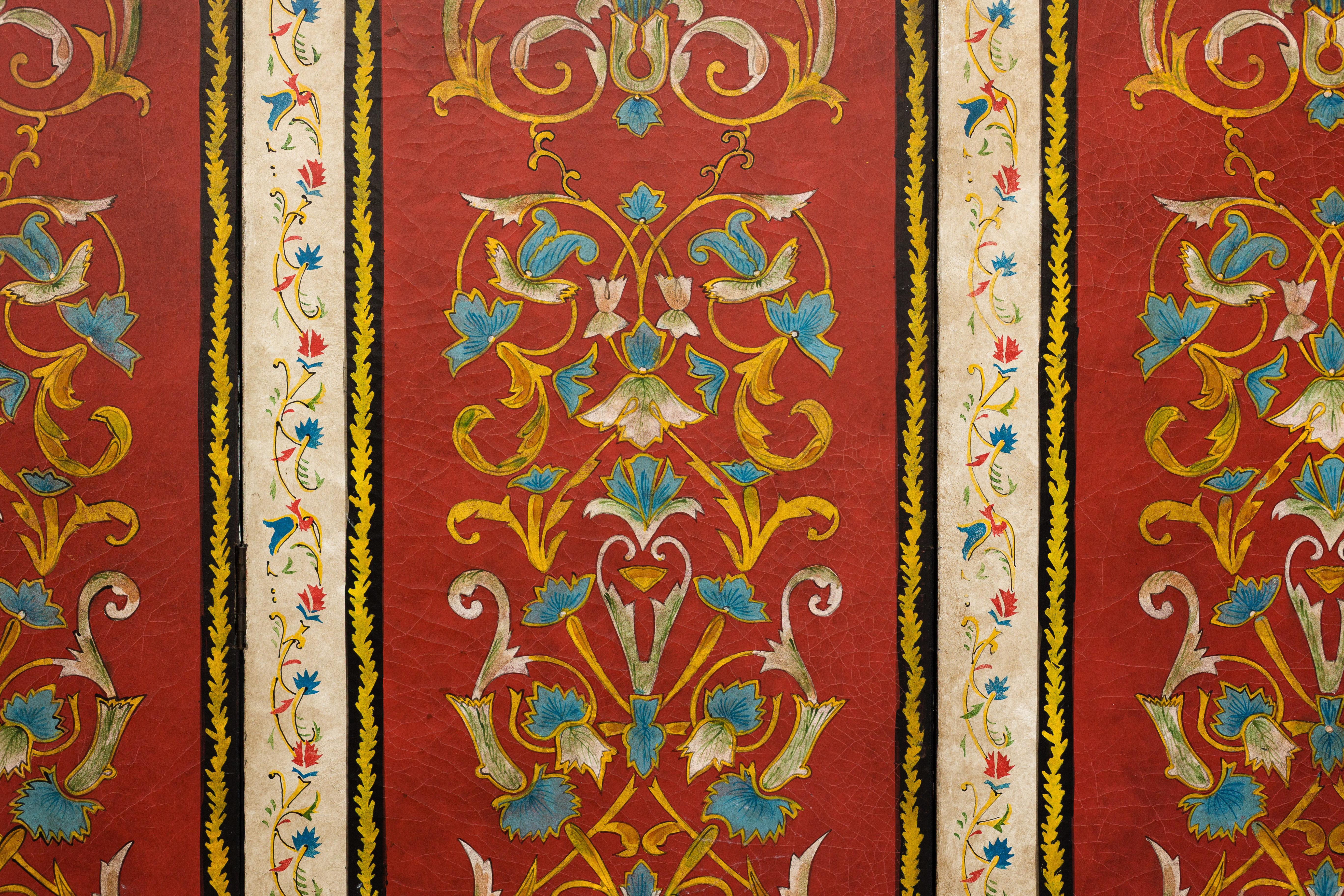 Four-Panel Red Lacquer Folding Screen with Hand-Painted Floral Scrollwork For Sale 6