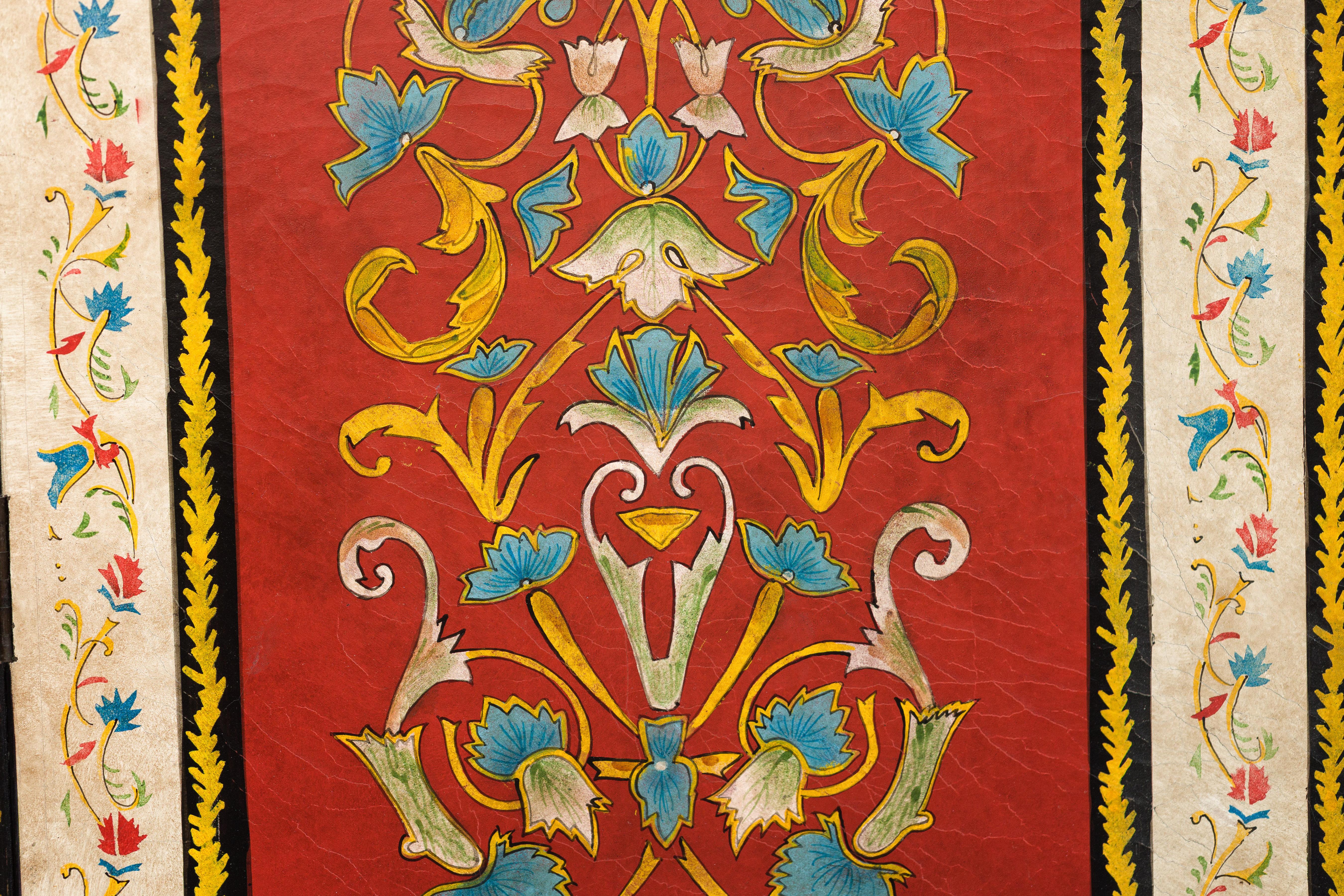 Four-Panel Red Lacquer Folding Screen with Hand-Painted Floral Scrollwork For Sale 7