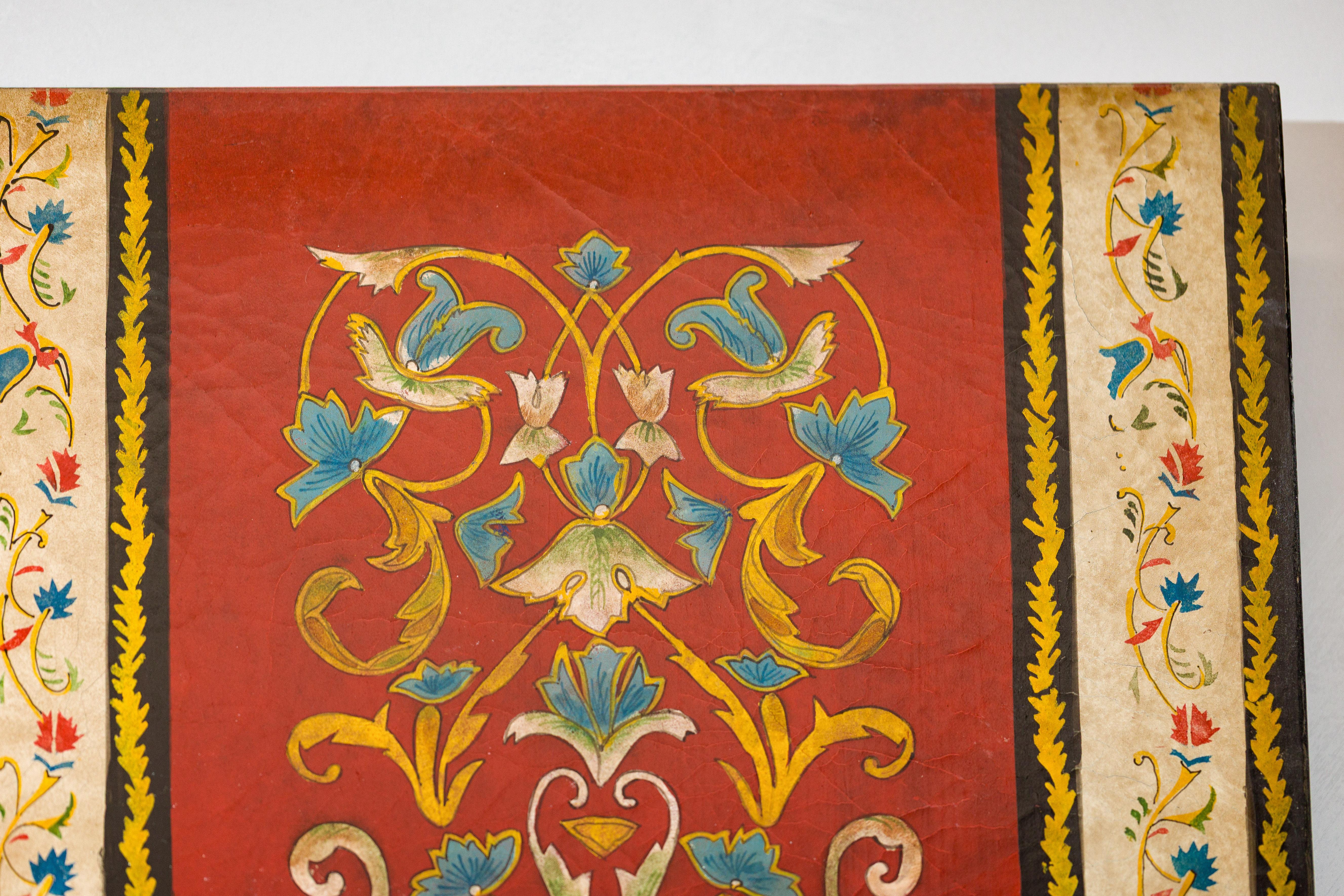 Four-Panel Red Lacquer Folding Screen with Hand-Painted Floral Scrollwork For Sale 8