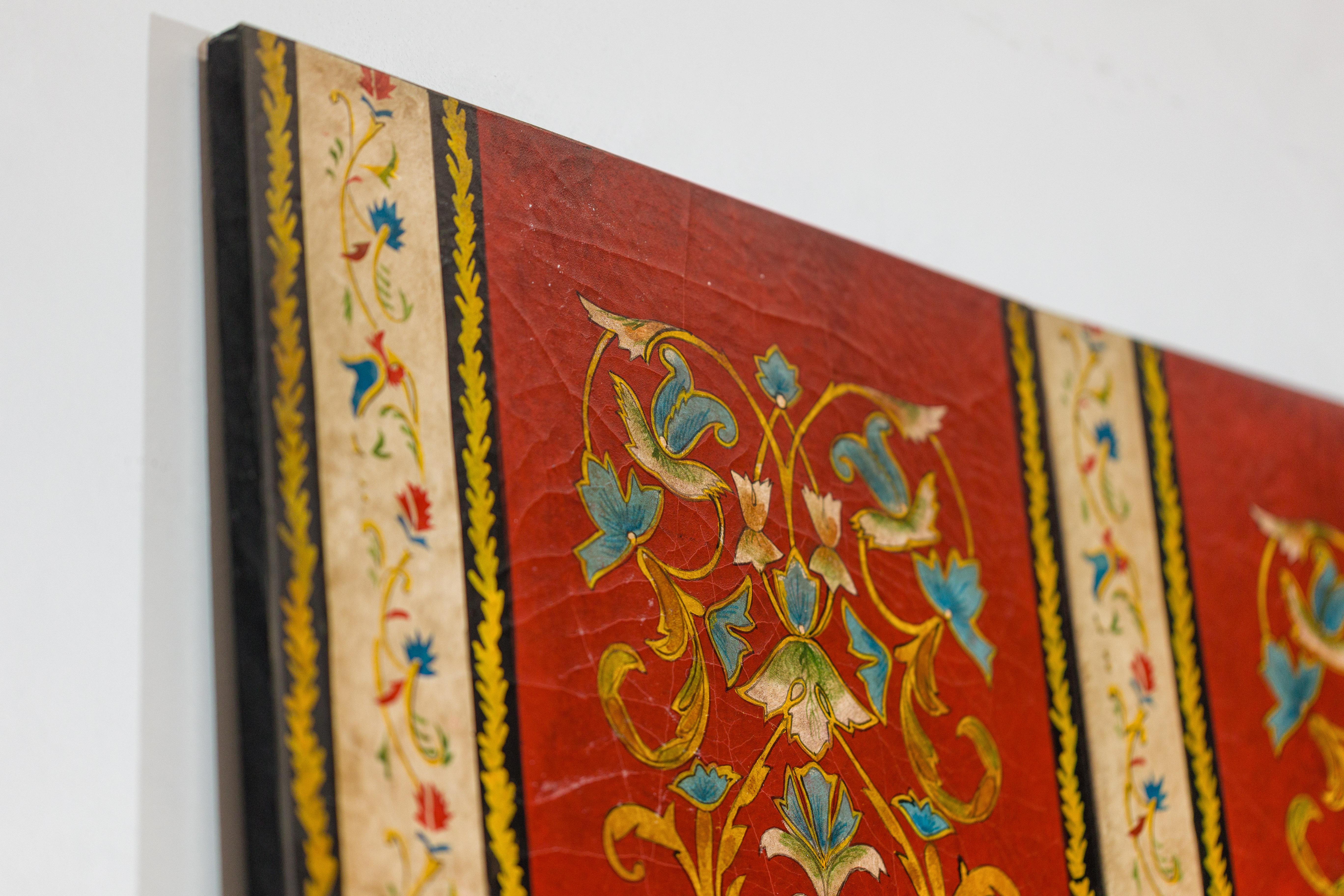 Four-Panel Red Lacquer Folding Screen with Hand-Painted Floral Scrollwork For Sale 9