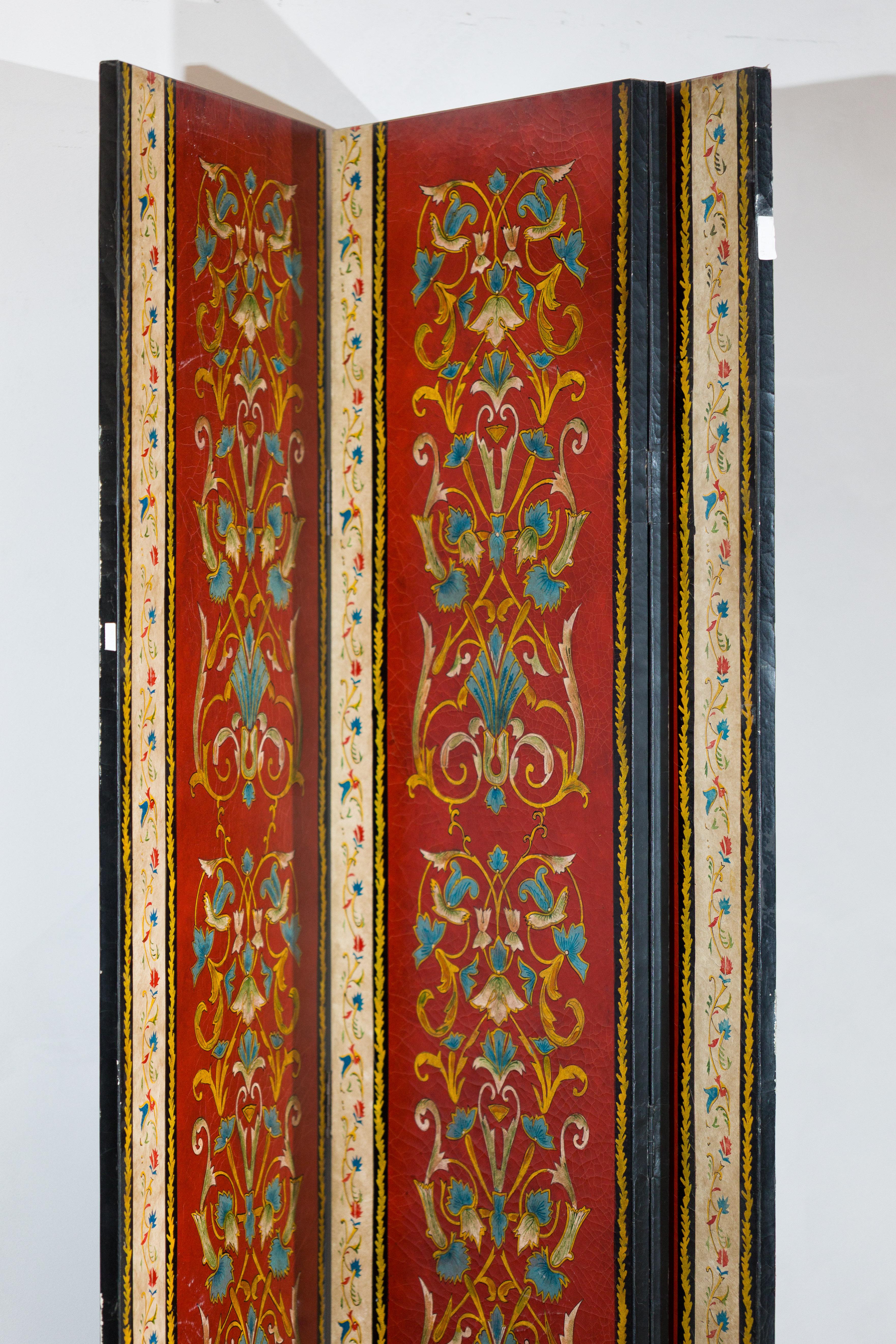 Four-Panel Red Lacquer Folding Screen with Hand-Painted Floral Scrollwork For Sale 10