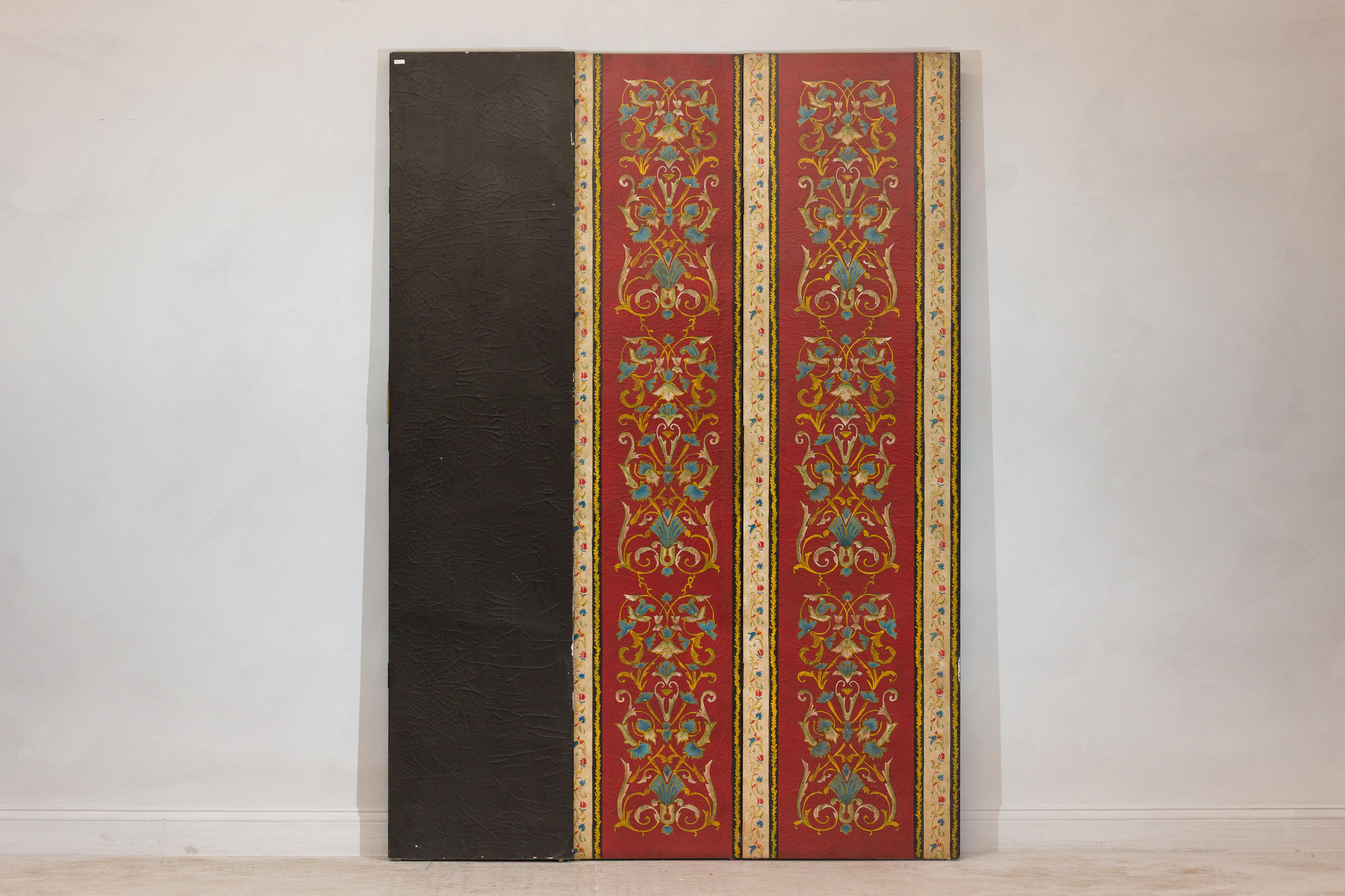 Four-Panel Red Lacquer Folding Screen with Hand-Painted Floral Scrollwork For Sale 11